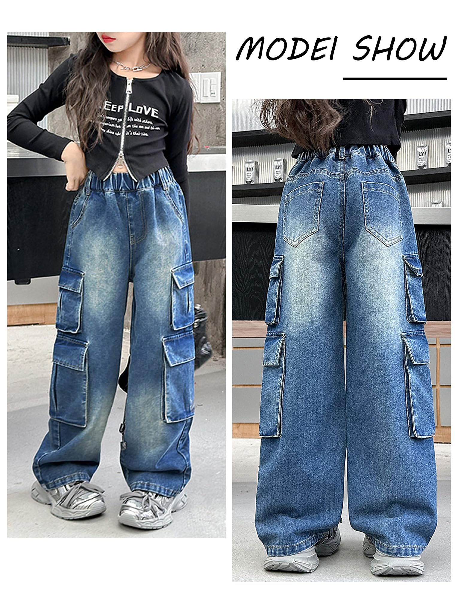SEAUR Girls Baggy Denim Cargo Jogging Pants with Pockets
