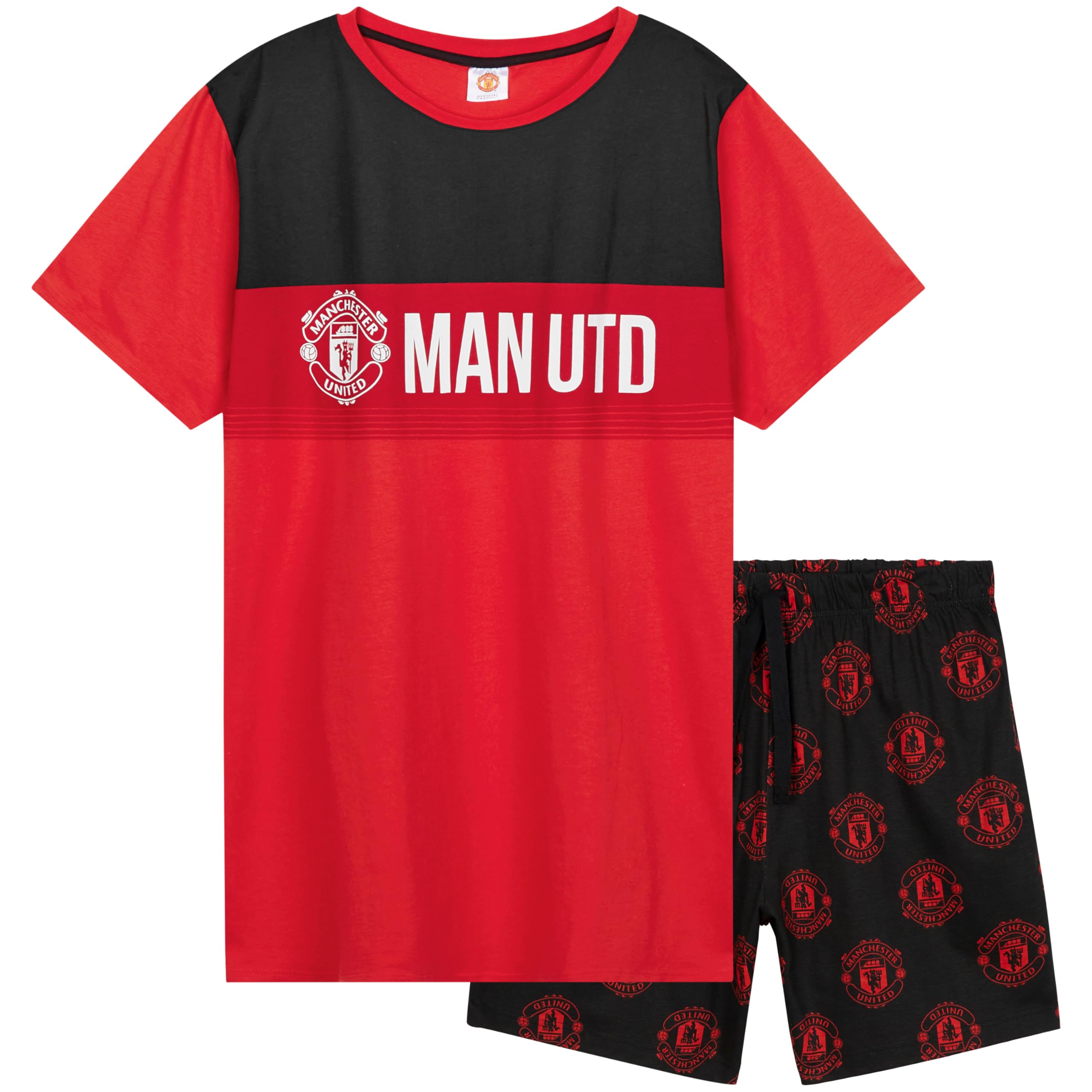 Manchester United Men's Black/Red Aop F.c. Pyjamas Set Short Pjs Lounge Set Comfy Sleepwear Breathable Nightwear Football Gifts For (, 2XL)