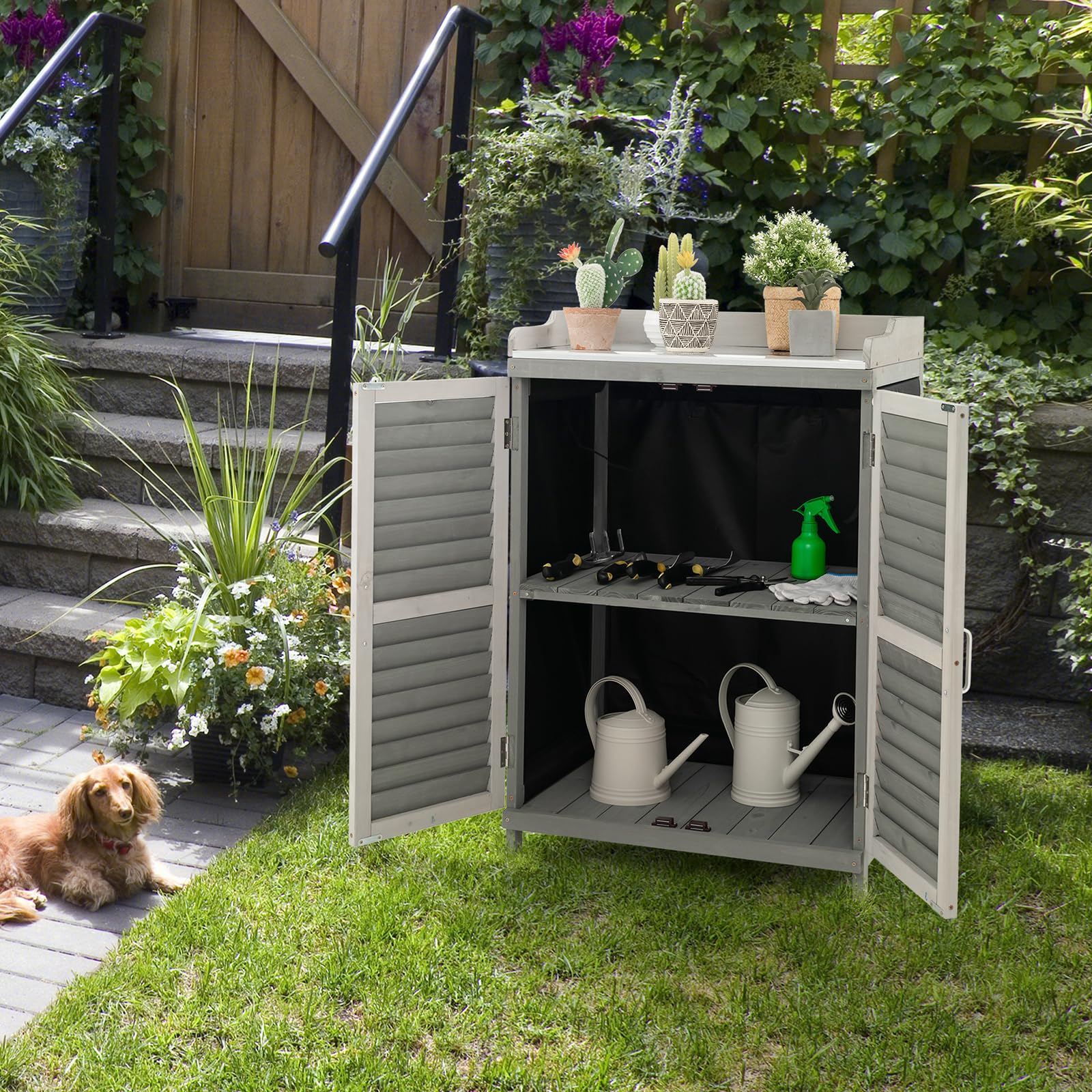 COSTWAY Caseta de Jardín de Madera, 67 x 47 x 100 cm, Gabinete de Almacenamiento Exterior con 2 Estantes de Almacenaje, Puertas, Caseta de Herramientas Impermeable para Jardín, Patio Trasero