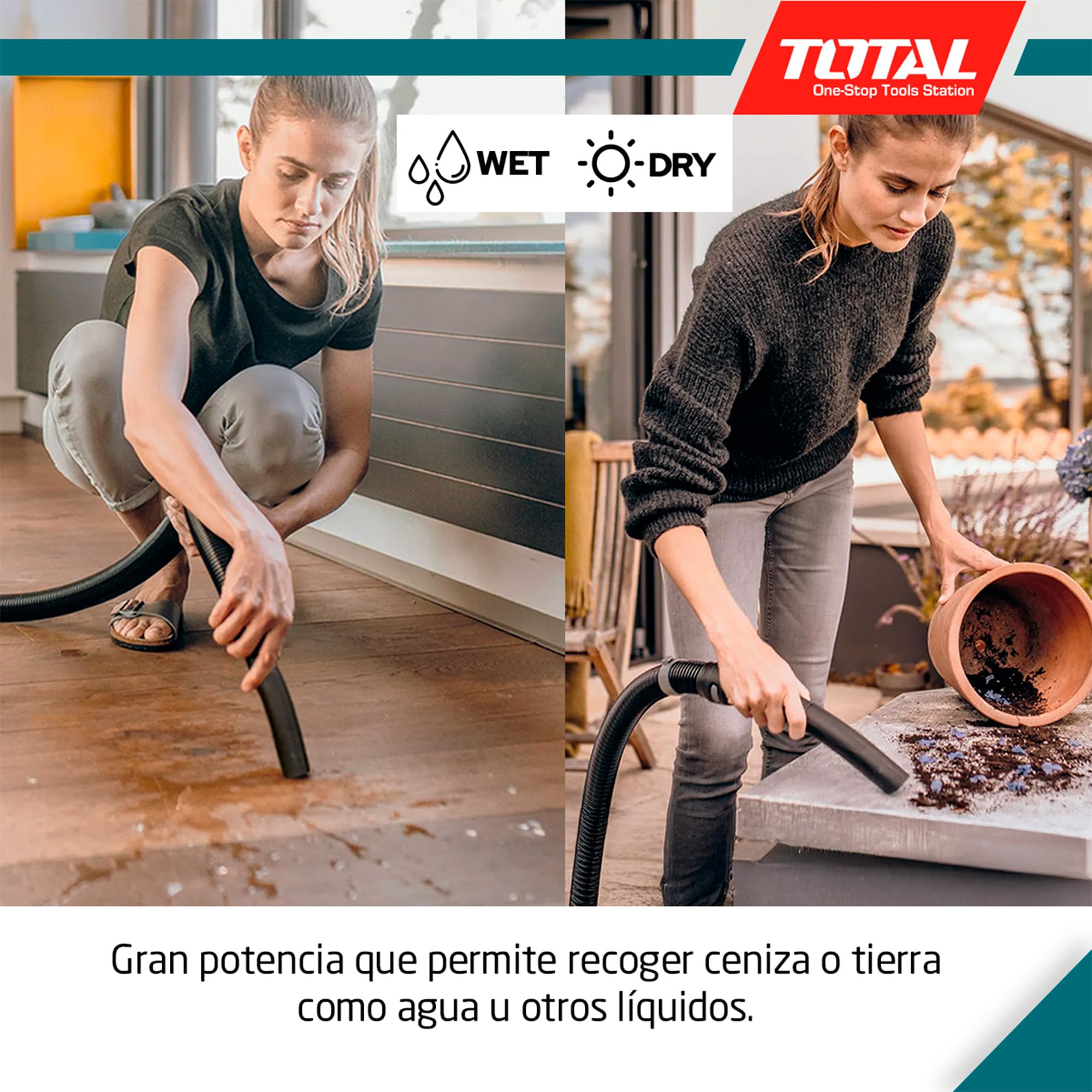 Total - Aspirador | Limpieza Profunda en Seco y Húmedo | Alta Potencia: 800W | Compacto y Fácil de Manejar | Capacidad de 12L | Incluye Tubo Desmontable y 2 Cabezales | 31 x 31 x 43