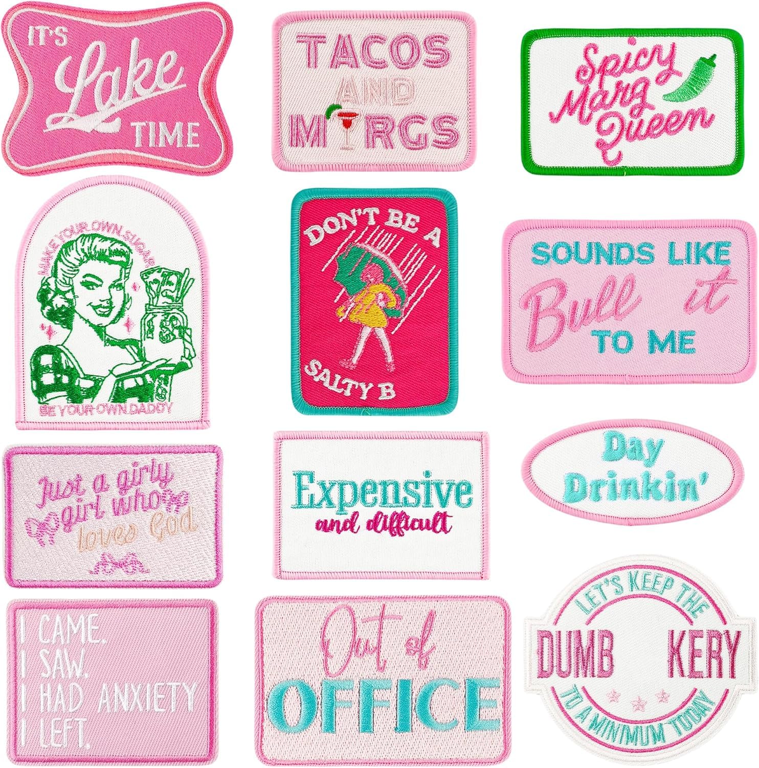 12 Pcs Funny Trucker Hat Patches Iron on Pink Humor Embroidered Patches for Girls Women Vintage Sew Applique Repair Patches DIY Sew on Patches for Hat Backpacks Pants Jacket DIY Accessories