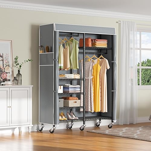 Miniatura 10 de VIPEK V14C - Perchero de ropa rodante de 6 niveles, resistente alambre ajustable, armarios portátiles con ruedas bloqueables, armario, estante de