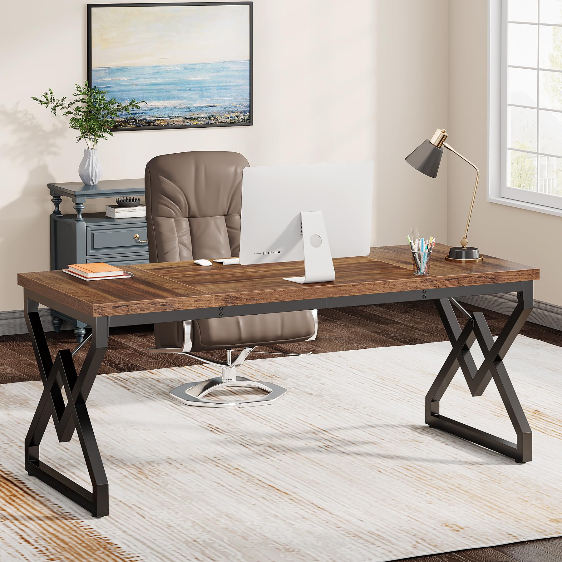 Tribesigns Escritorio Executivo con Mesa de Madera Extra Gruesa y Marco Metálico, 63 Pulgadas para Oficina en Marrón Rustico