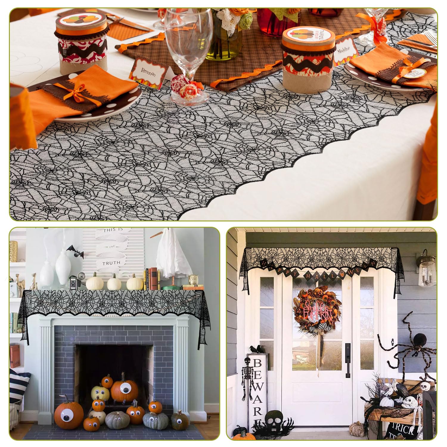 Bieżnik na stół na Halloween, czarna koronkowa pajęczyna bieżnik na stół na Halloween, 45 x 183 cm, gotycki koronkowy bieżnik na stół, dekoracja stołu, dekoracja stołu na Halloween