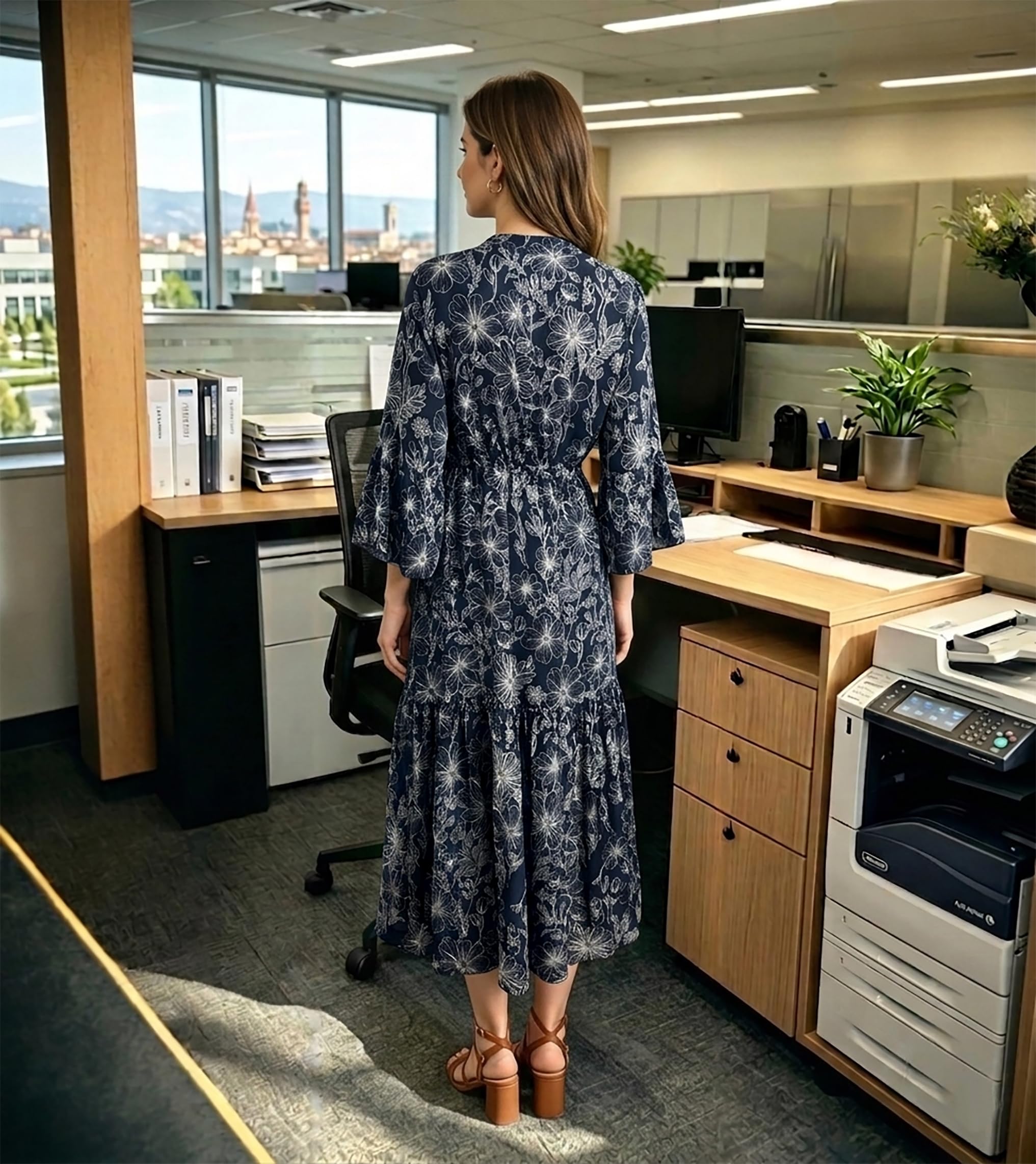 Vestito Midi Donna in Viscosa, Abito a Fiori con Maniche 3/4 | Realizzato in Italia, offre una vestibilità morbida e confortevole con pratica vita regolabile