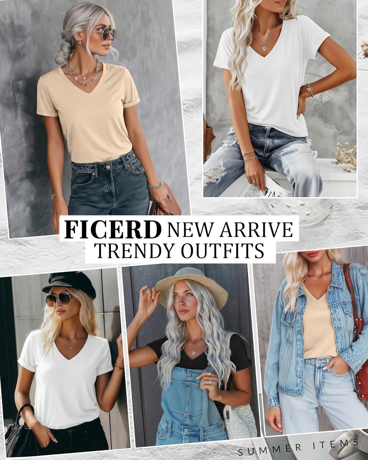 Ficerd 3 Pack Women's V Neck T Shirts, Summer Casual Short Sleeve Tops Loose Fit Rolled Sleeve Tees Trendy Shirts - Image 2