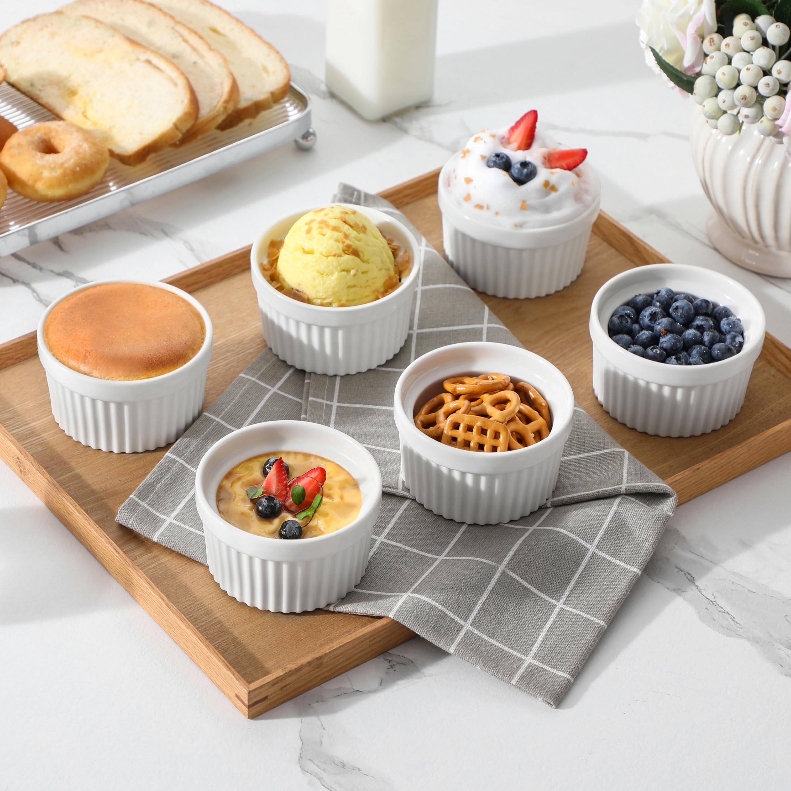MALACASA Set di 6 Pirottini per Soufflé 180 ml, Ø 9,5 x 5,4 cm, Ciotoline e Stampini Rotondi da Forno in Porcellana per Dolci, Soufflé, Merenda e Snack, Bianchi, Adatti a Lavastoviglie e Microonde