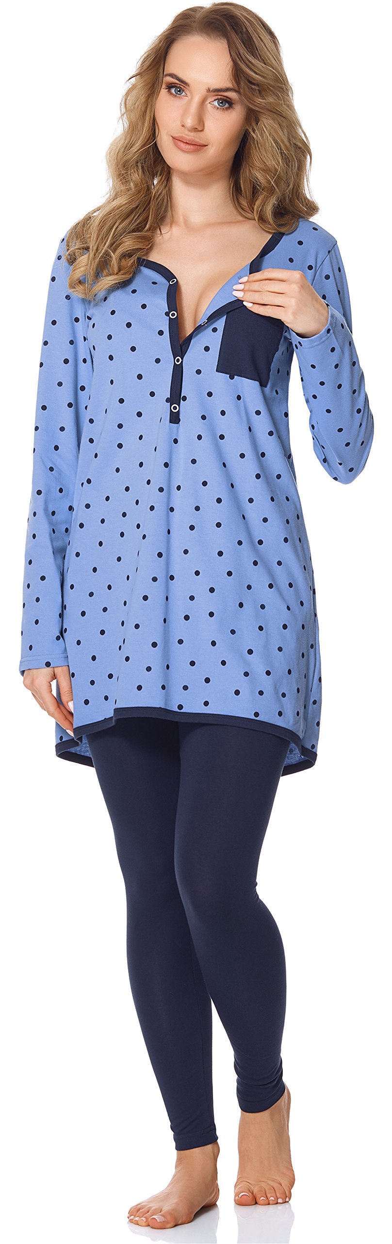 Bellivalini Damen Umstands Pyjama mit Stillfunktion BLV50-125 (Blau Punkte/Marineblau, XL)