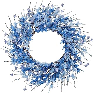 24 Inch Artificial Blue Forsythia Flower Wreath, Silk & Paper Bridal Floral Wreath for Front Door, Elegant Beach Nautical Themed Wedding & Spring Summer Decor, All Season Farmhouse Porch Wall Decor