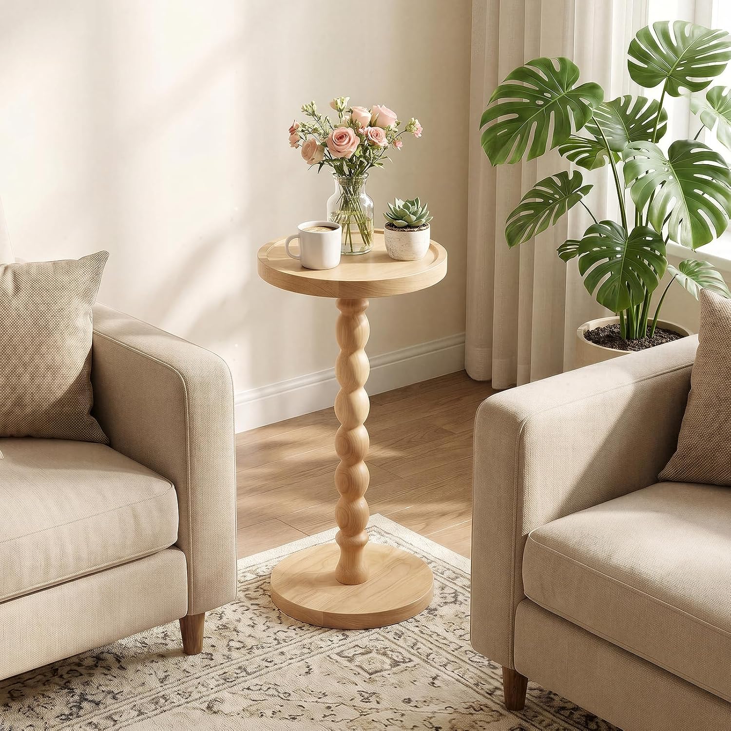 Round Side Table, Small End Table for Small Spaces with Solid Wood Leg, Accent Table, Coffee Table for Living Room, Bedroom, Conference Room, Hallway, Home Office, Natural Wood Color