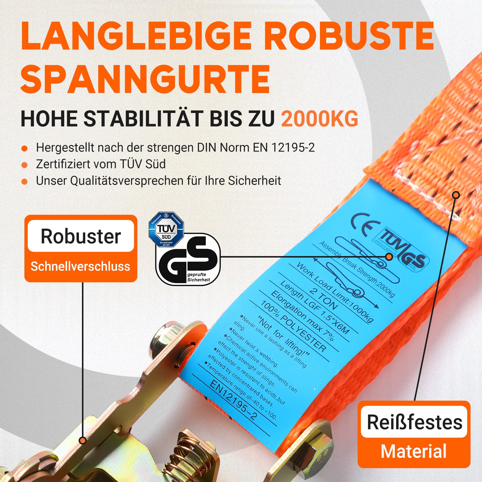 12 STÜCK Spanngurte mit Ratsche - Haken - 6M x 38MM Spanngurt - 2t (2000 daN, KG) TÜV/GS Zertifiziert - Zweiteilig Zurrgurte, für Motorräder, Auto, Anhänger, nach DIN EN 12195-2