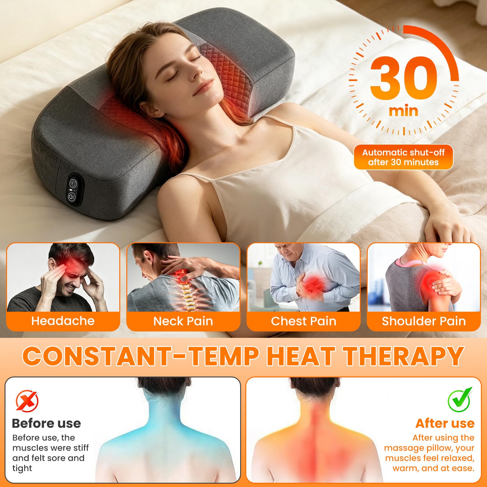 Cuscino massaggiante cervicale a batteria, 2500 mAh, 3 livelli di calore, 3 livelli di massaggio
