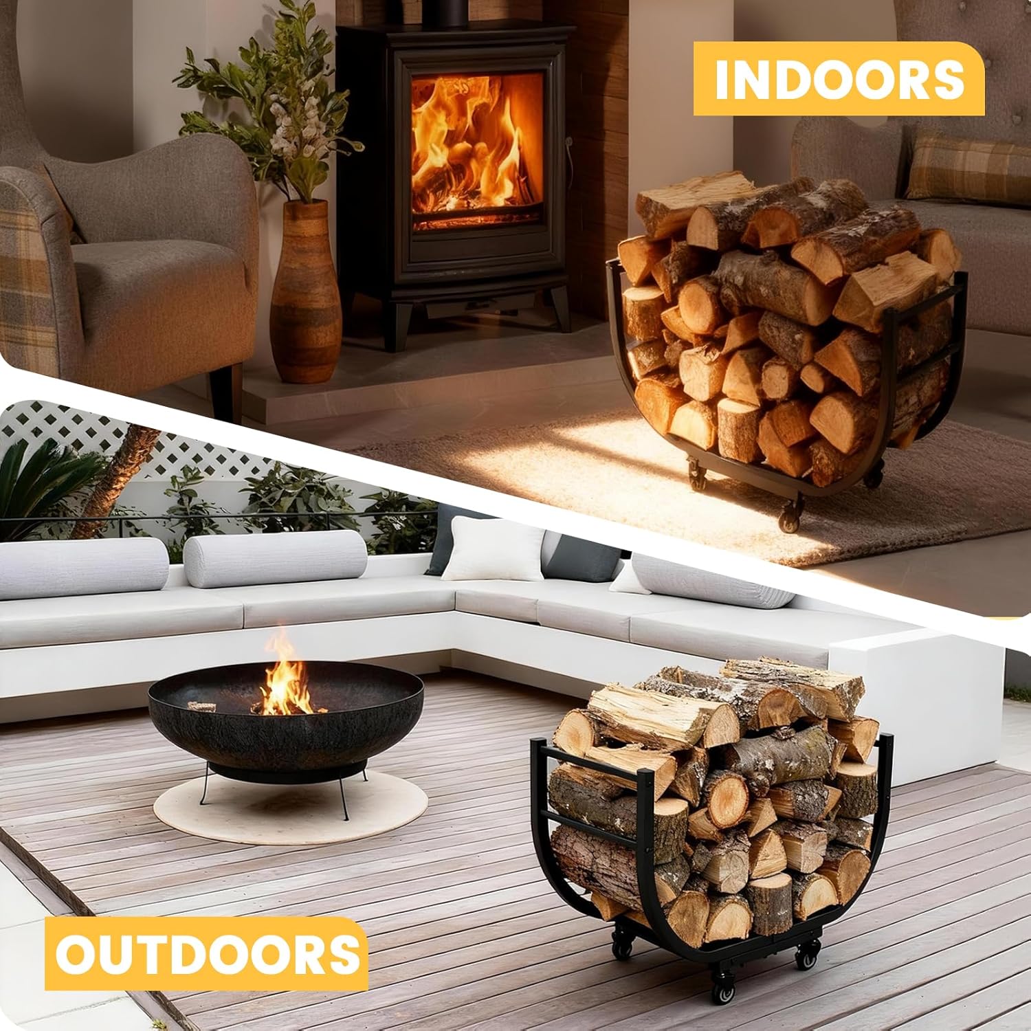 30in Firewood Rack Outdoor - Indoor Firewood Holder Heavy Duty Firewood Carrier with Casters Stable Logs Rack Matte Black