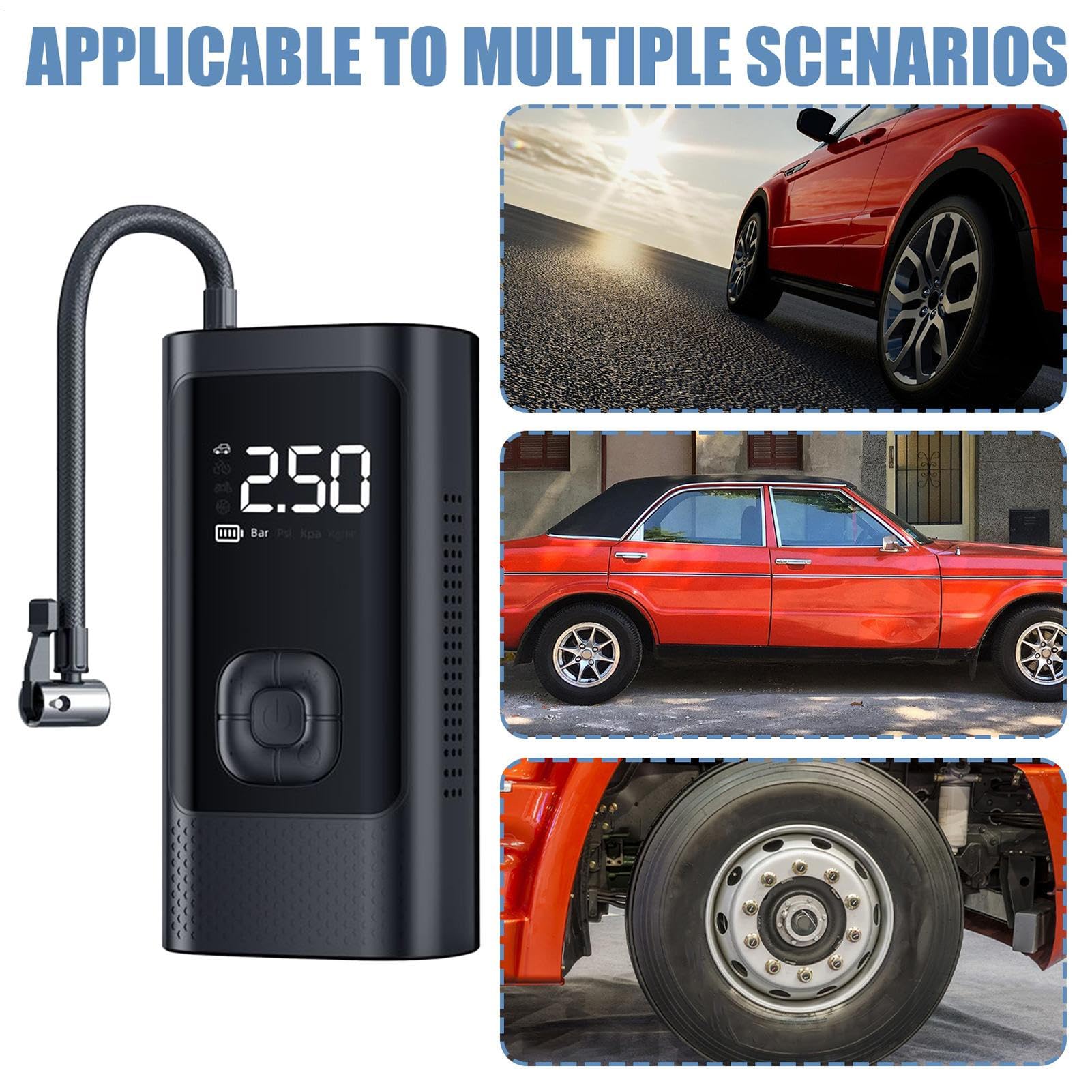Gonfiatore portatile per auto, 3-150 psi, pompa per pneumatici per bici, senza fili, con luce LED, per viaggi e pendolari quotidiani