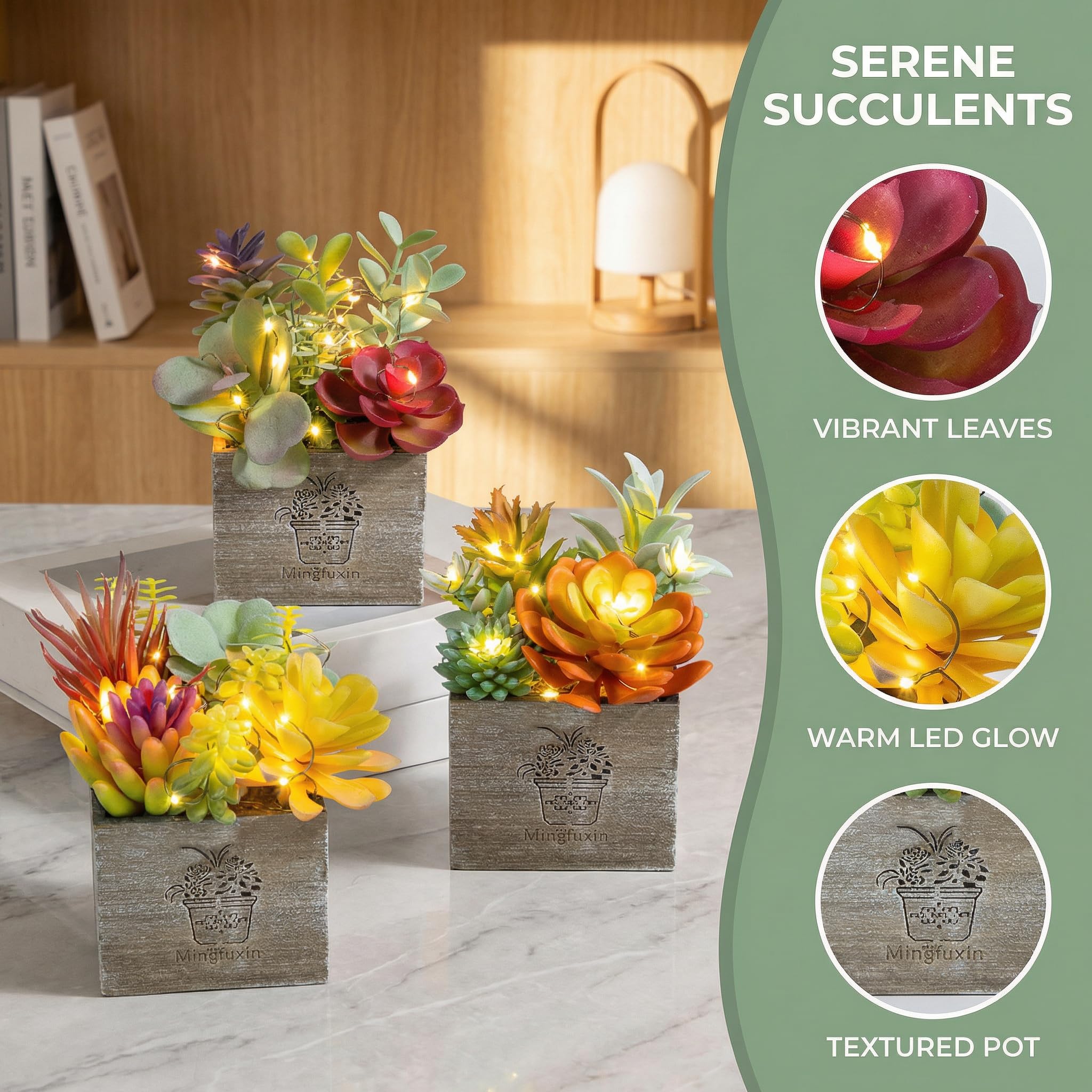 Plantas suculentas Artificiales, pequeñas Plantas Artificiales con Luces, Surtidas Decorativas suculentas Falsas en Maceta para Oficina, Escritorio, baño, Dormitorio, estantes, Ventanas