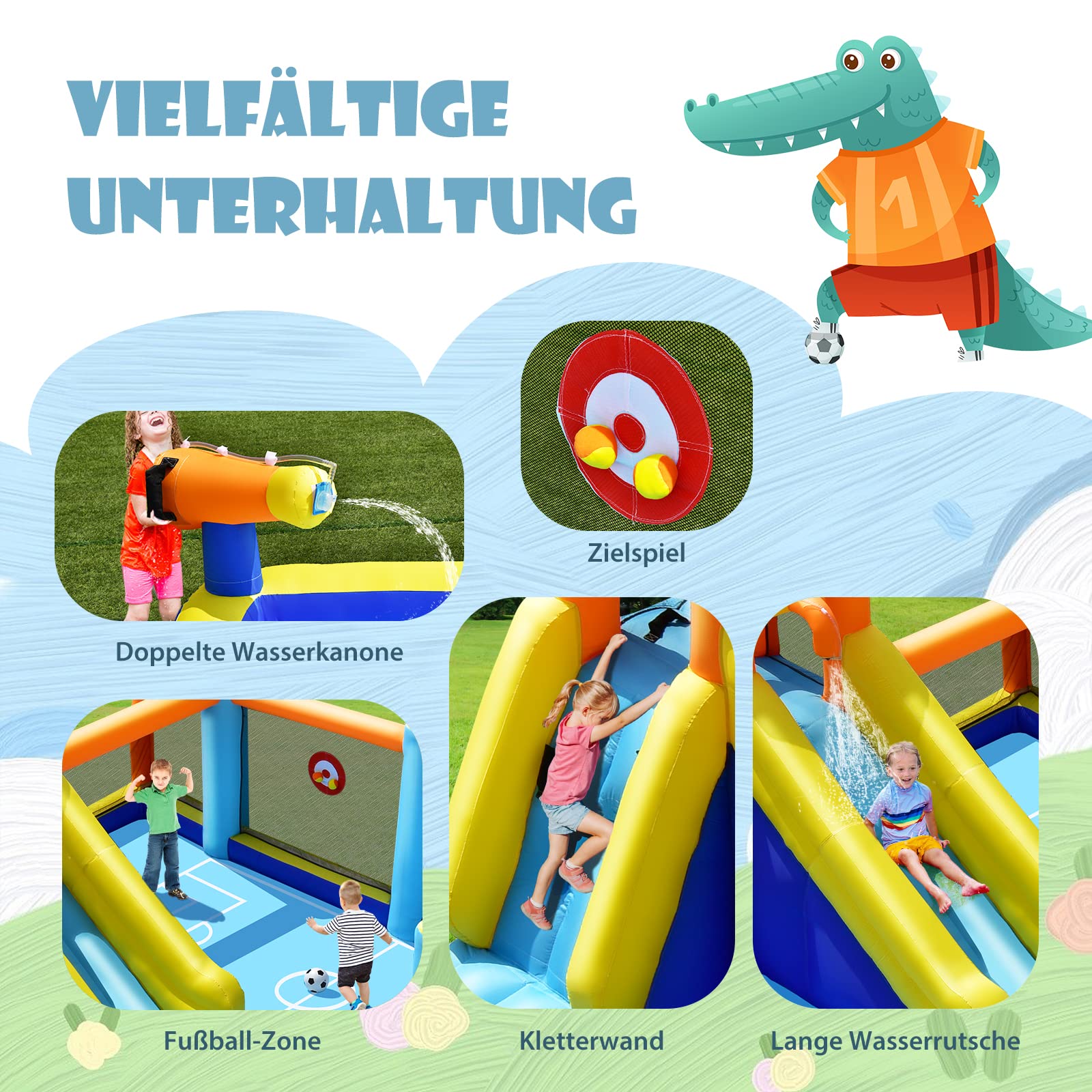 COSTWAY Aufblasbare Hüpfburg mit Gebläse, Wasserrutsche, Planschbecken, Fußballzone, Kletterwand, Zwei Wasserkanonen, und Zielspiel, Spielpool 500 x 465 x 200 cm