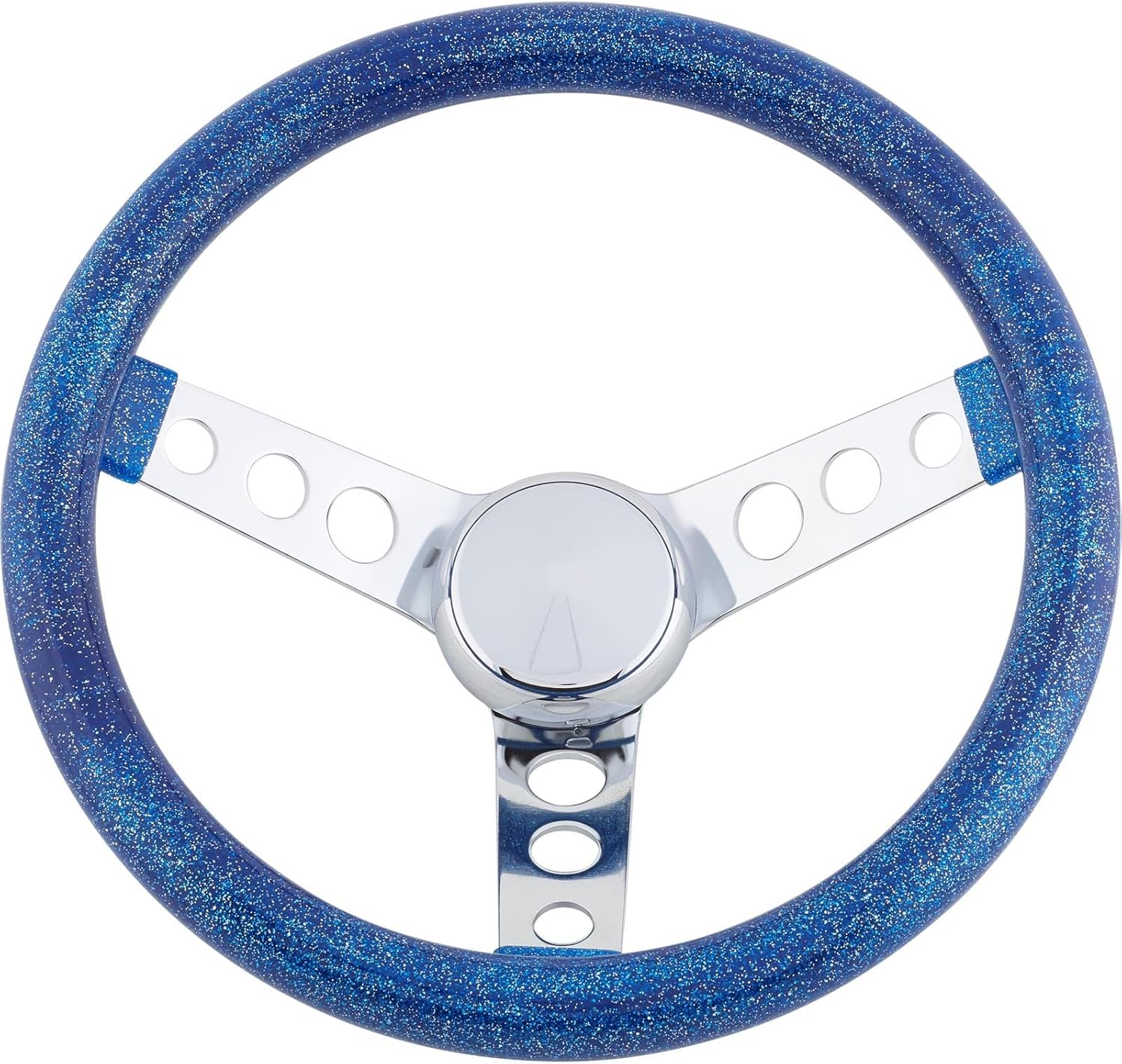 Speedway Motors 11-1/2 Inch Blue Metalflake Steering Wheel 3.5 Inch Dish Three Spoke Chrome Design Universal 3 Bolt Mount Fits Aftermarket Steering Columns
