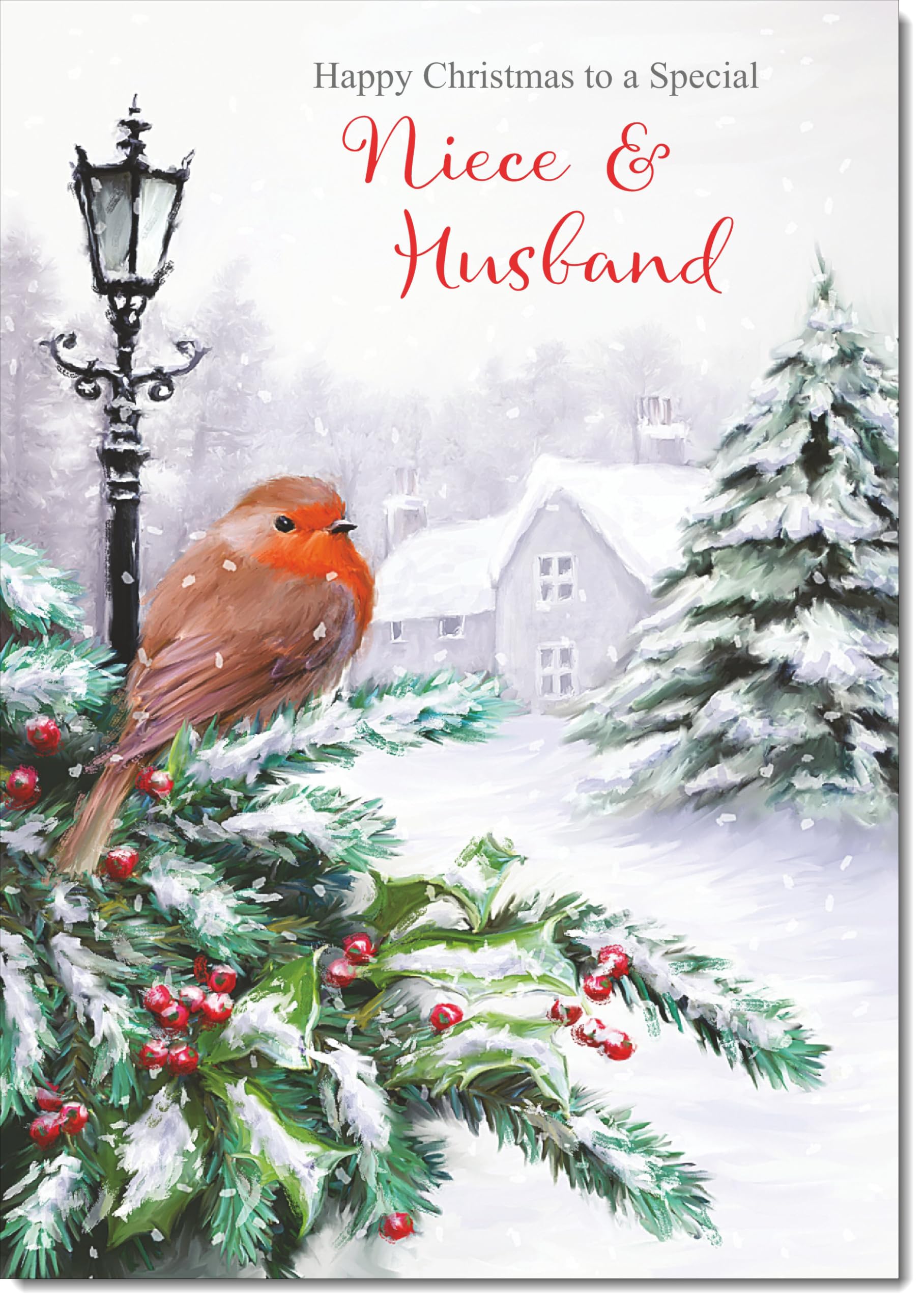 doodlecards Niece and Husband Christmas Card Robin by Lamp Large A4 Size Christmas Card for Niece & Husband with Plain Envelope