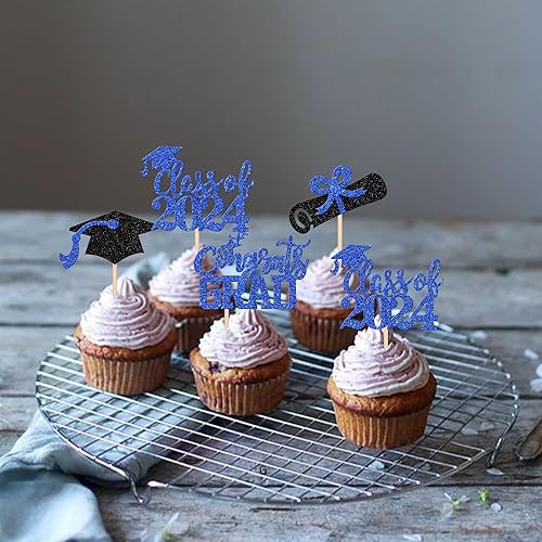 Miniatura 5 de 24 piezas 2024 decoraciones para cupcakes de graduación 2024 con purpurina para la clase de 2024, diploma de felicitaciones, tapa de graduación,
