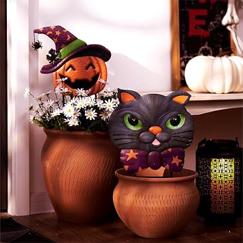 TERESA'S COLLECTIONS Pre-Lit Halloween Decorations Outdoor, Solar Garden Stake with 2 Stacks Cute Black Cat Pumpkin, Jack O Lantern Metal Yard Art Lawn Gift for Valentines Party Porch Patio Decor, 23