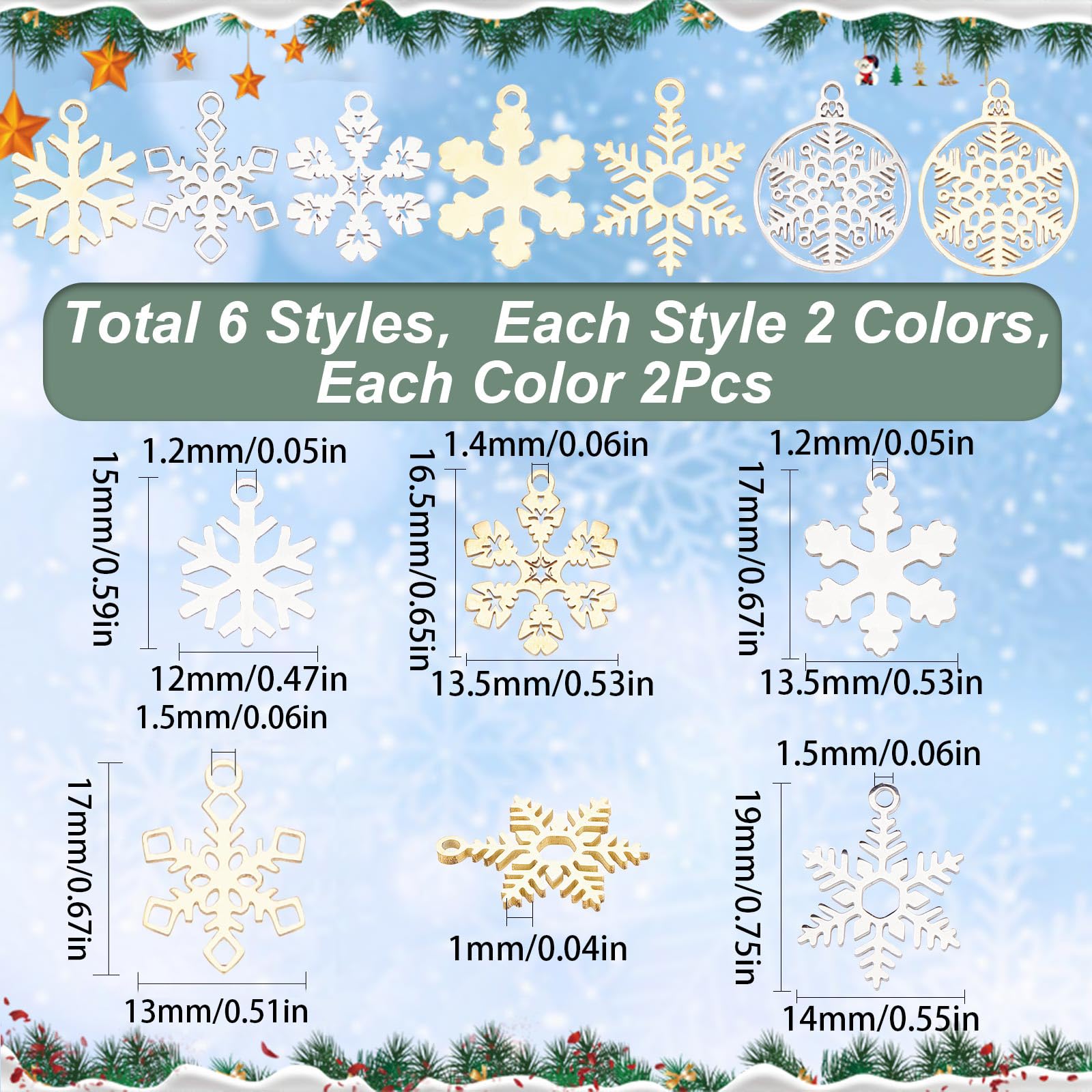 SUNNYCLUE 1 Box 24Pcs Snow Charms Snowflake Charms Christmas Winter Stainless Steel Charm Golden Silver Color Flat Round Double Sided Hollow Charms for jewellery Making Charm DIY Earrings Gifts - Image 2