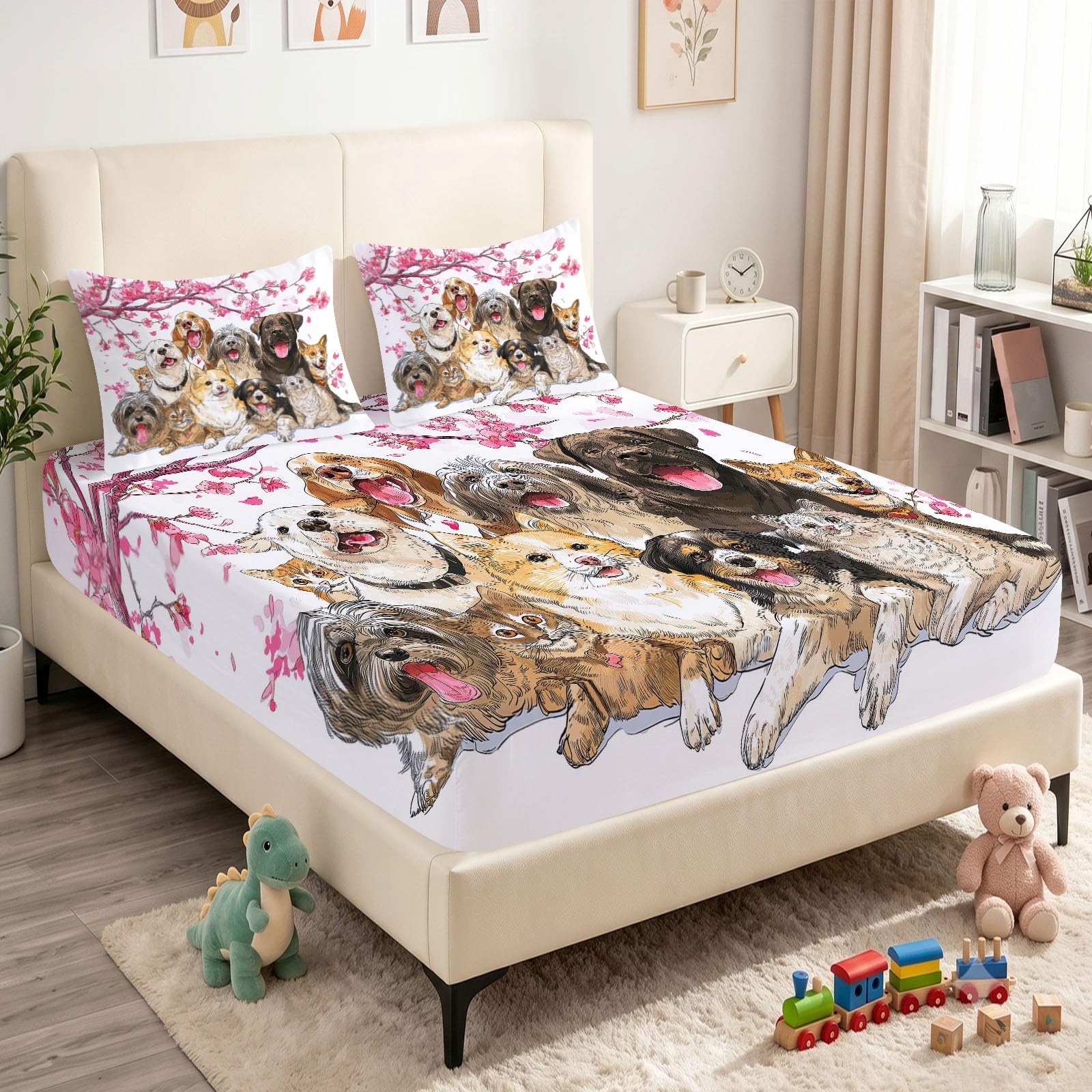 Juego de 3 sábanas bajeras ajustables de 140 x 200 cm para cuna, sábana bajera ajustable de microfibra transpirable, sábana bajera con bonito animal, gato y perro y 2 fundas de almohada con cremallera