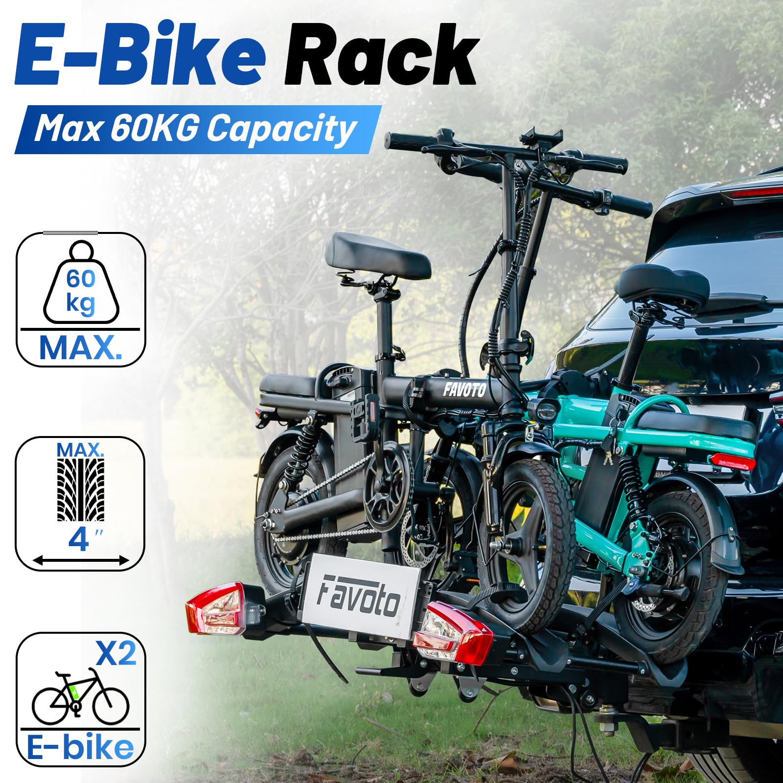 Favoto EBIKE Fahrradträger Anhängerkupplung Klappbar – Heckträger für 2 Fahrräder bis 60kg Rennrad & MTB mit Diebstahlschutz Rücklicht & Nummernschildhalter 26x4.0