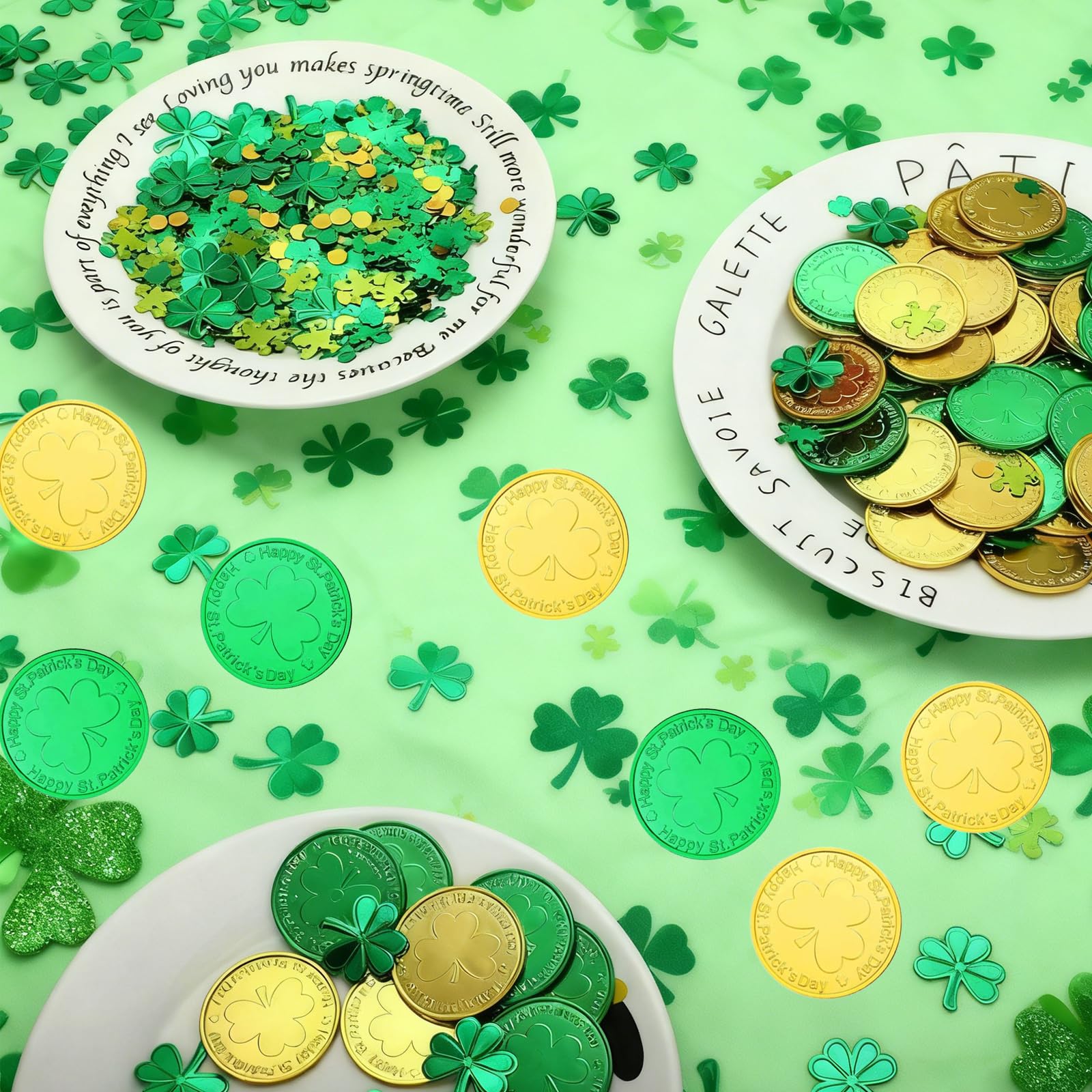 BHSTTNIXP 100PCS St. Patrick's Day Gold Lucky Coins, Plastic Shamrock Leprechaun Coins - Image 3