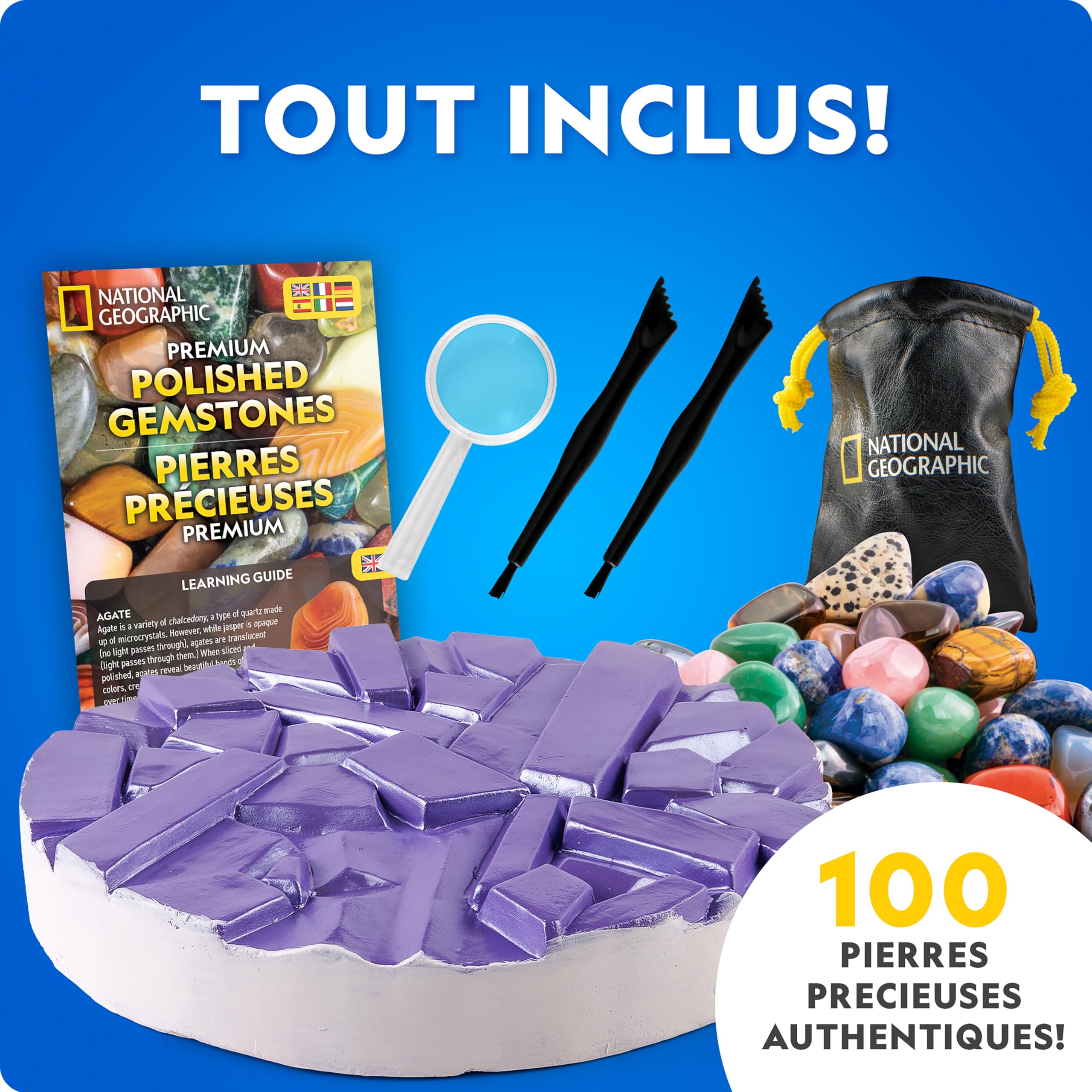 National Geographic Méga Coffret d’Extraction de Gemmes – Déterre 100 Véritables Gemmes dans Un Grosse Brique, Kit de Minéralogie pour Enfants, Activité STEM avec Outils & Guide Illustré