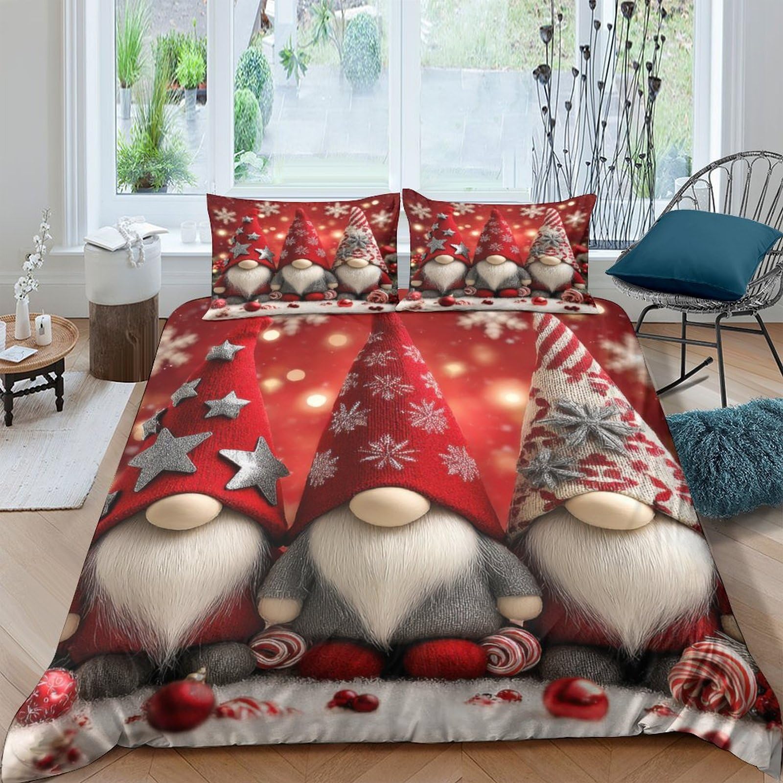 Ctjqhvkz Style-2 3D Printed Christmas Gnome Fitted Sheet Microfiber Red Nordic Stars Mattress Cover For Bedroom Guest Room Easy Care Single（135X200cm）