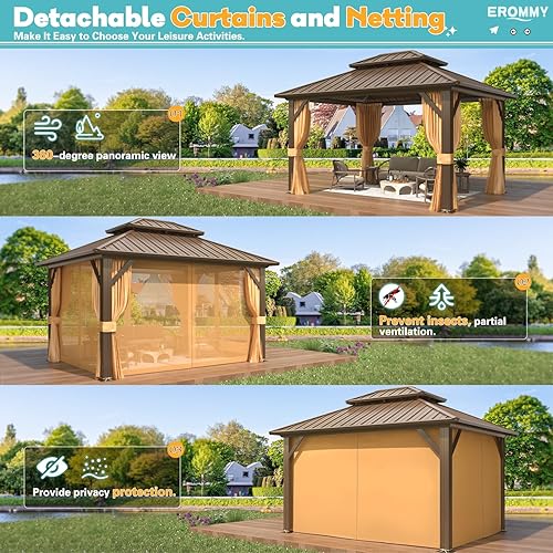 Miniatura 7 de EROMMY Gazebo de techo rígido de 10 x 12 pies, cenador de techo doble de acero galvanizado con marco de aluminio, pabellón permanente de metal para