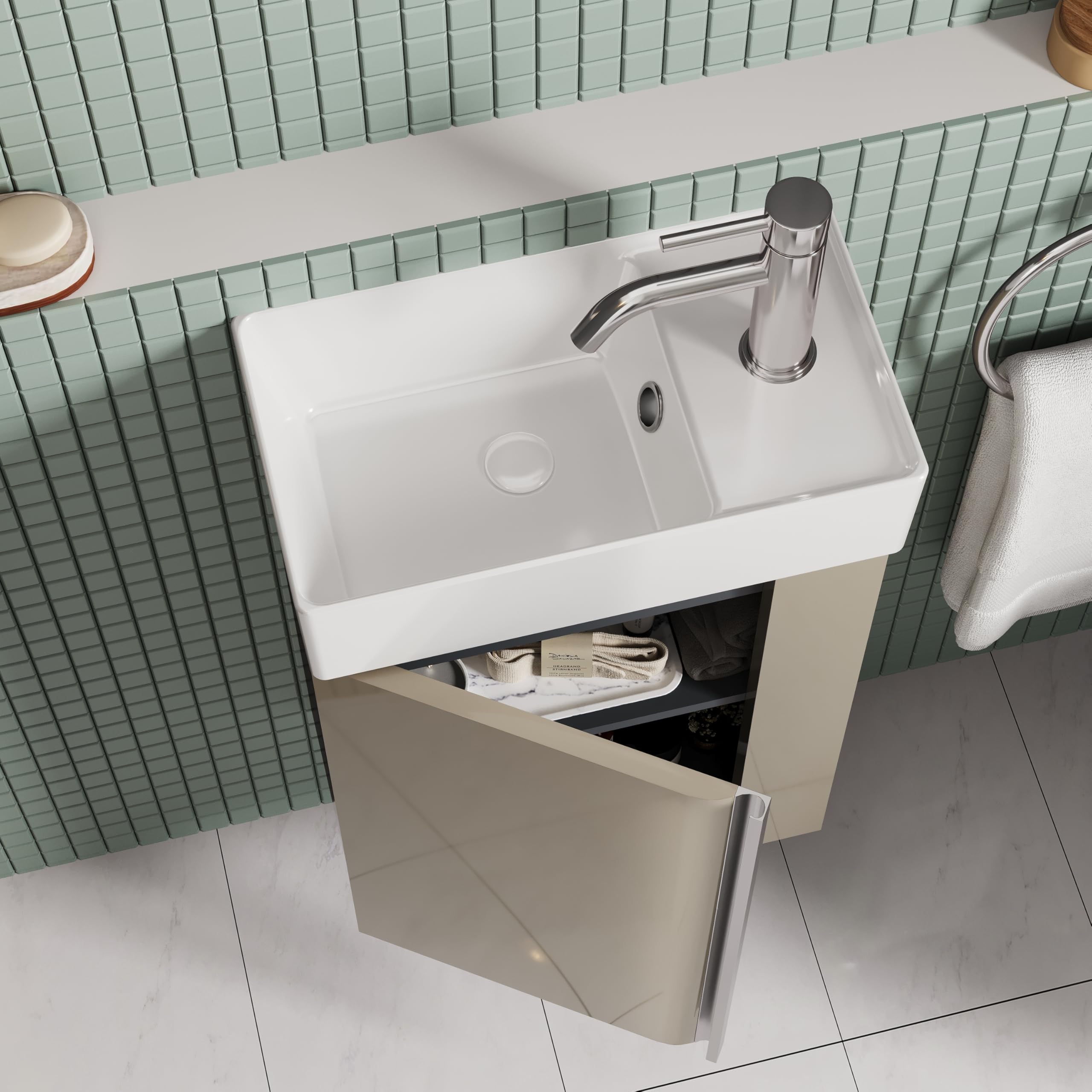 40 cm Badezimmerschrank Mit Waschbecken – Kleiner Waschbeckenschrank Mit Stauraum Für Gäste-Wc, Platzsparend, Taupe Glanz