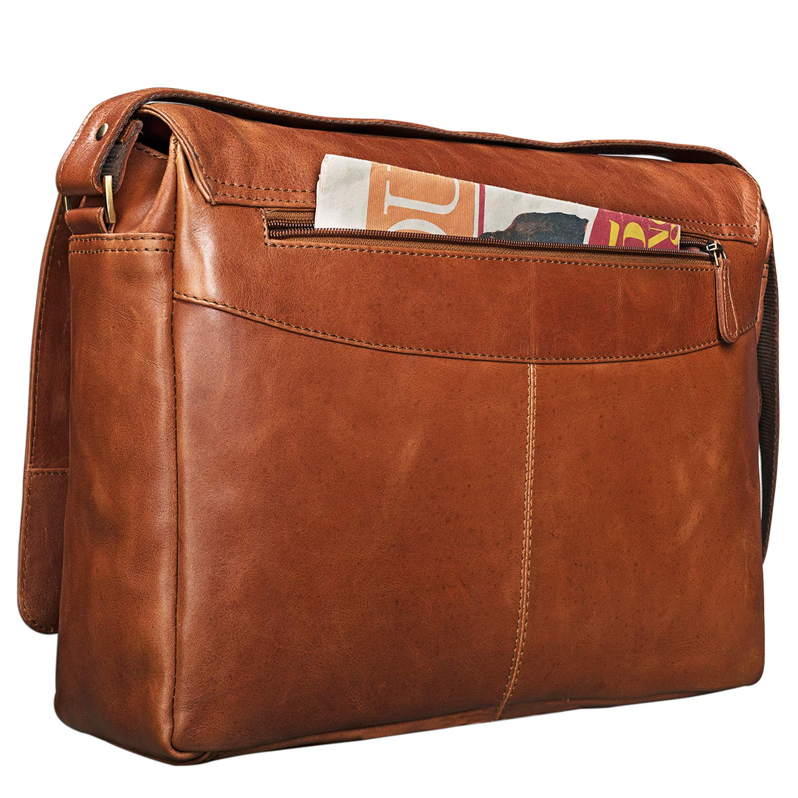 STILORD Rick Schultertasche Leder für 15,6 Zoll Laptop Umhängetasche Aktentasche Bürotasche Unitasche Büffel-Leder Farbe:Cognac - Hellbraun