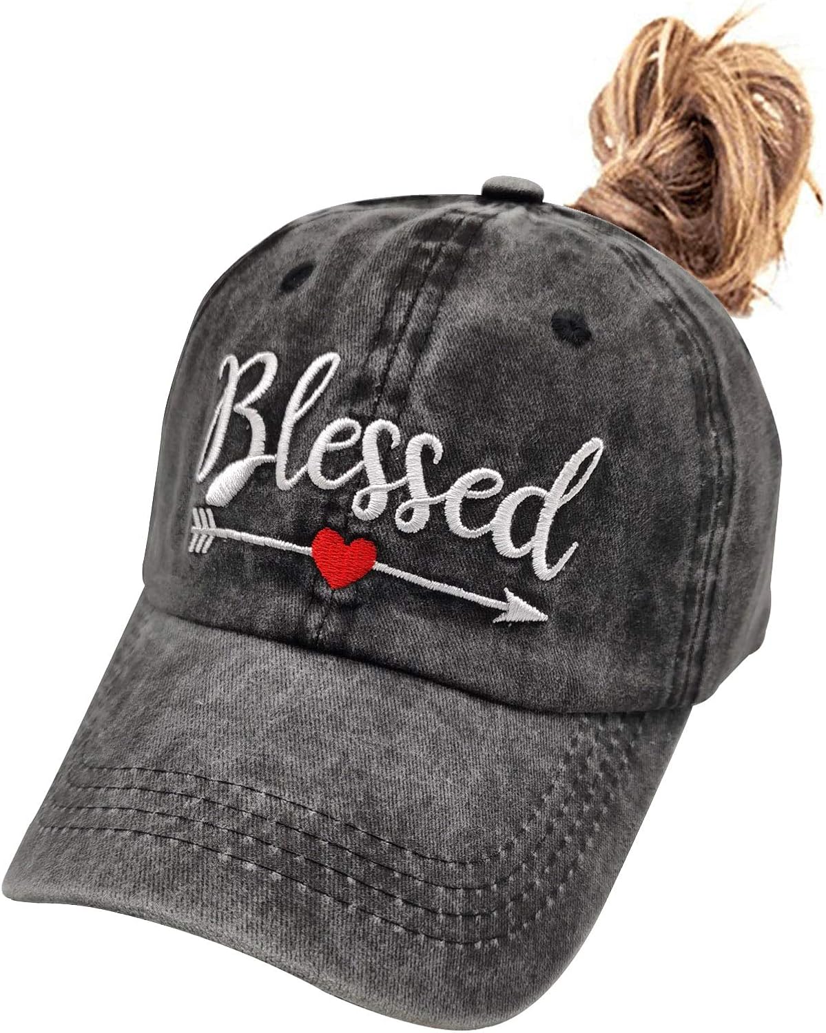 Waldeal Women's Embroidered Blessed Ponytail Hat Vintage Washed Messy High Bun Ponycap