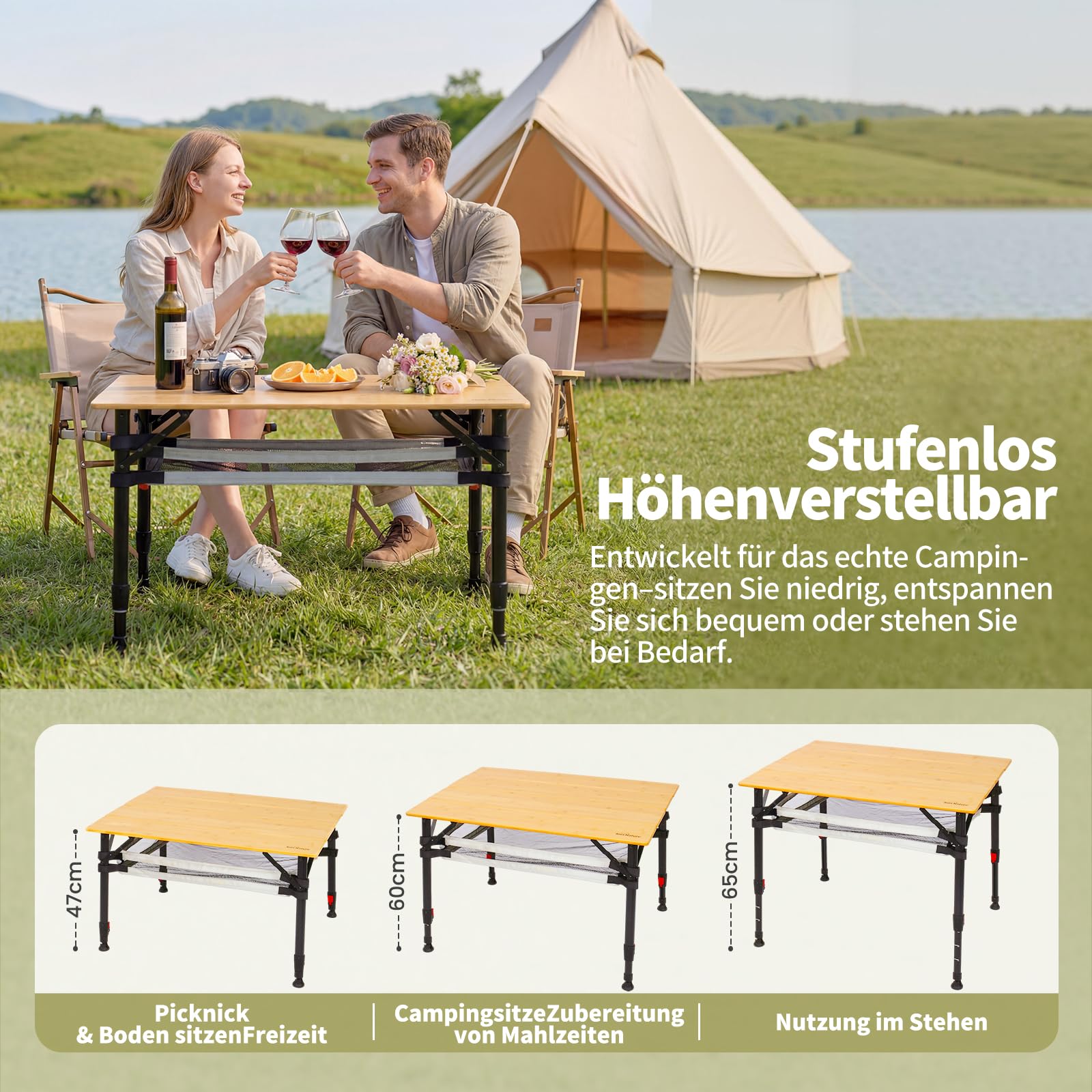 Campingtisch Klappbar Bambus 80 x 60 cm Stufenlos Höhenverstellbar 47–65cm | Big 100 kg, Aluminiumgestell mit Tragetasche & Ablagenetz Stabiler Klapptisch für Garten, Camping, Picknick