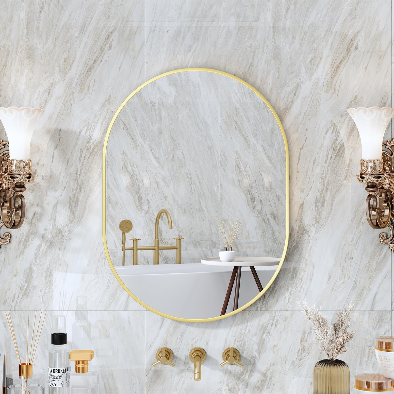 Specchio Ovale Dorato Da Parete 55,9x76,2 Cm - Cornice In Alluminio Spazzolato - Per Bagno, Ingresso, Soggiorno - 3
