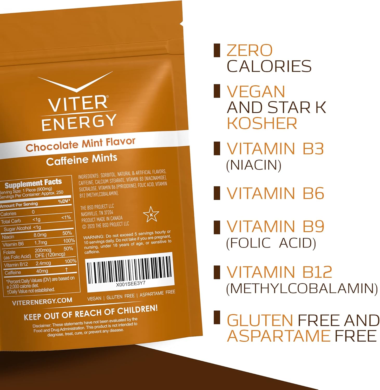 Viter Energy 40mg Caffeine Mints - Sugar Free, B Vitamins, Vegan, Boosts Fast Energized Alert Focus, Caffeinated Nootropic Supplement Pills (Chocolate Mint Flavor, 8oz, Bulk Bag) - Image 3