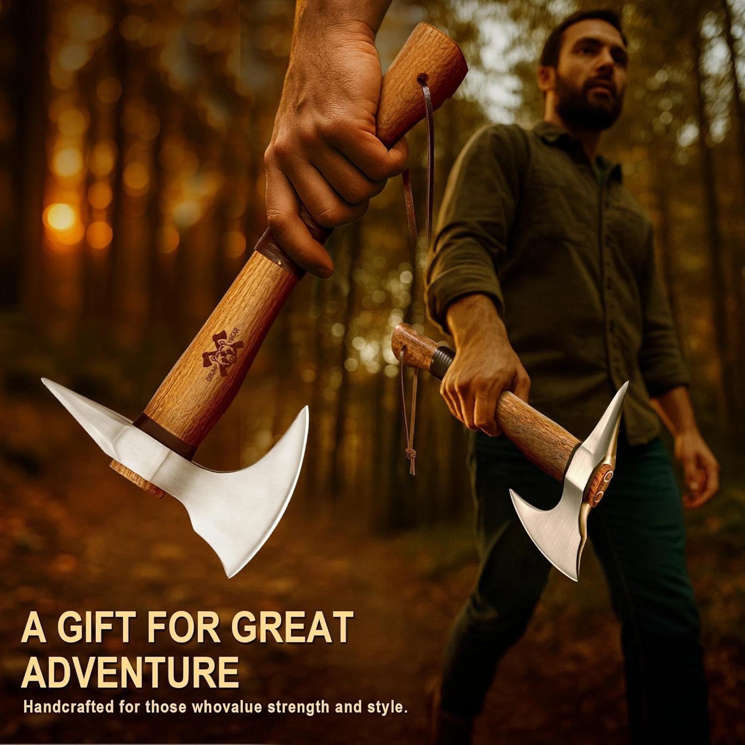 Grumpy Bear 15" Survival Axe Camping Hatchet – Forged High Carbon Steel Blade with Walnut Wood Handle – Anti-Slip Grip – Ideal for Bushcraft, Wood Splitting & Outdoor Adventures Sliver
