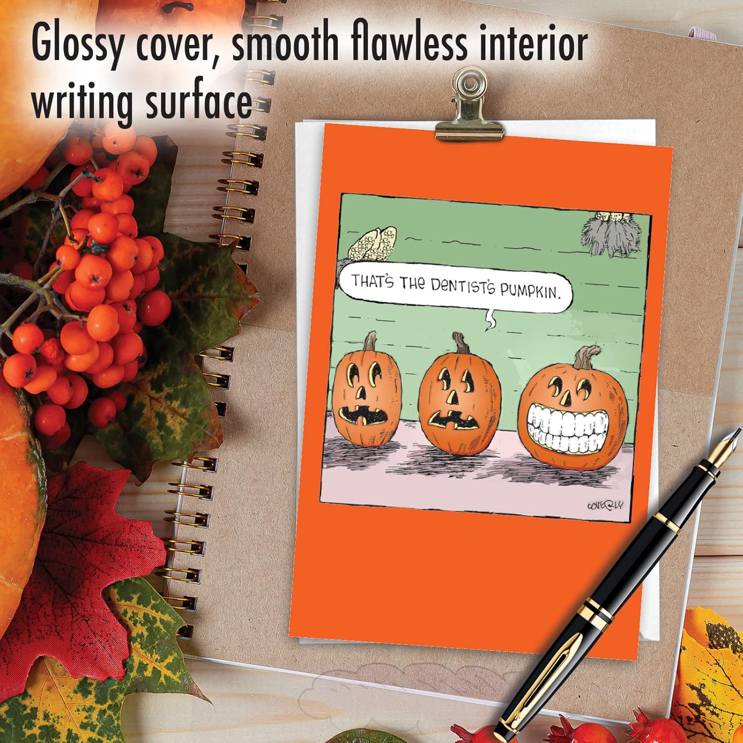 NobleWorks - 12 Funny Halloween Greeting Cards Box Set w/ 5 x 7 Envelopes For Men, Women 1x12 Designs - Dentist's Pumpkin C9483HWG-B12x1