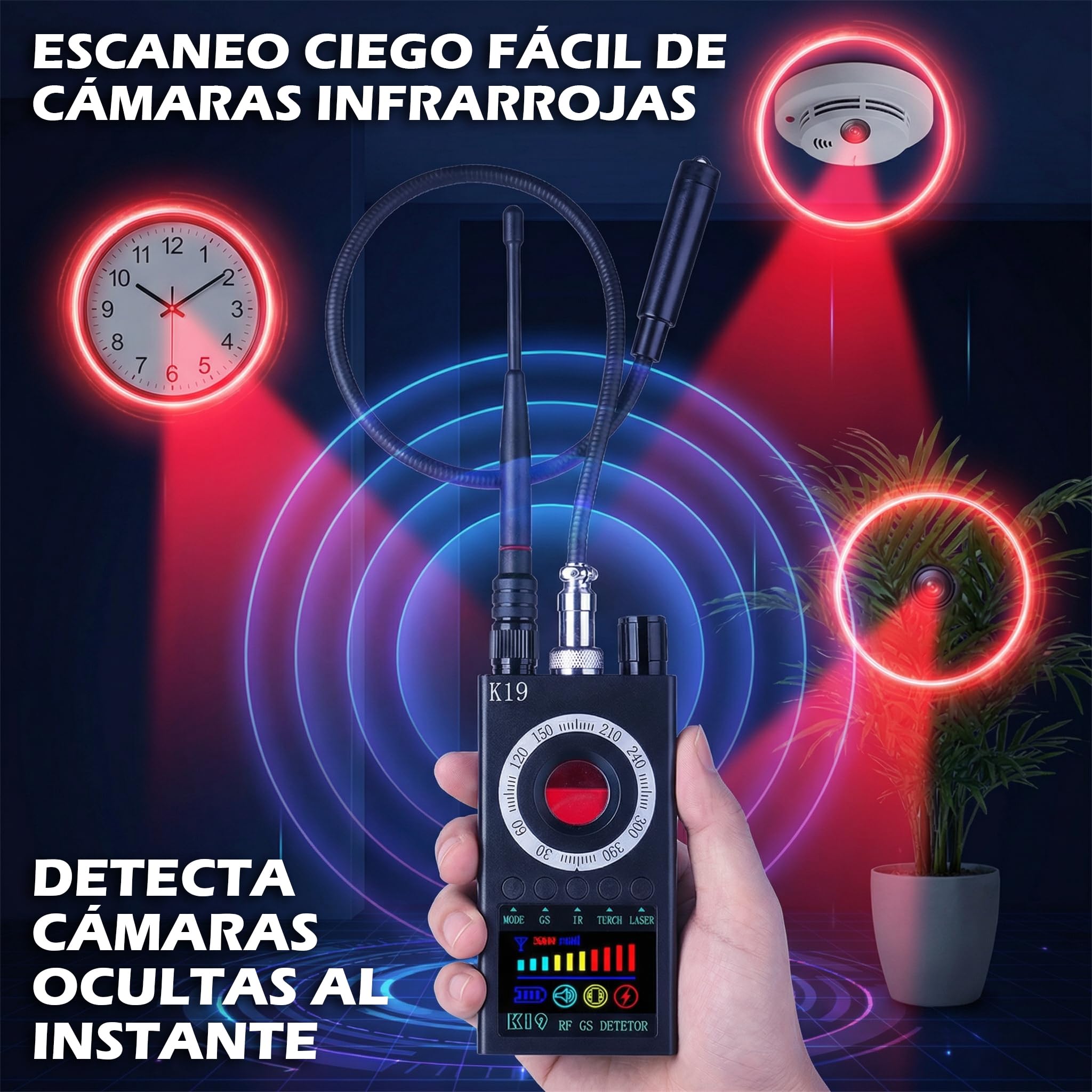 Detector Antiespía K19+ 2026, 7 en 1, Cámara, Micrófono, GPS + eBook Guía