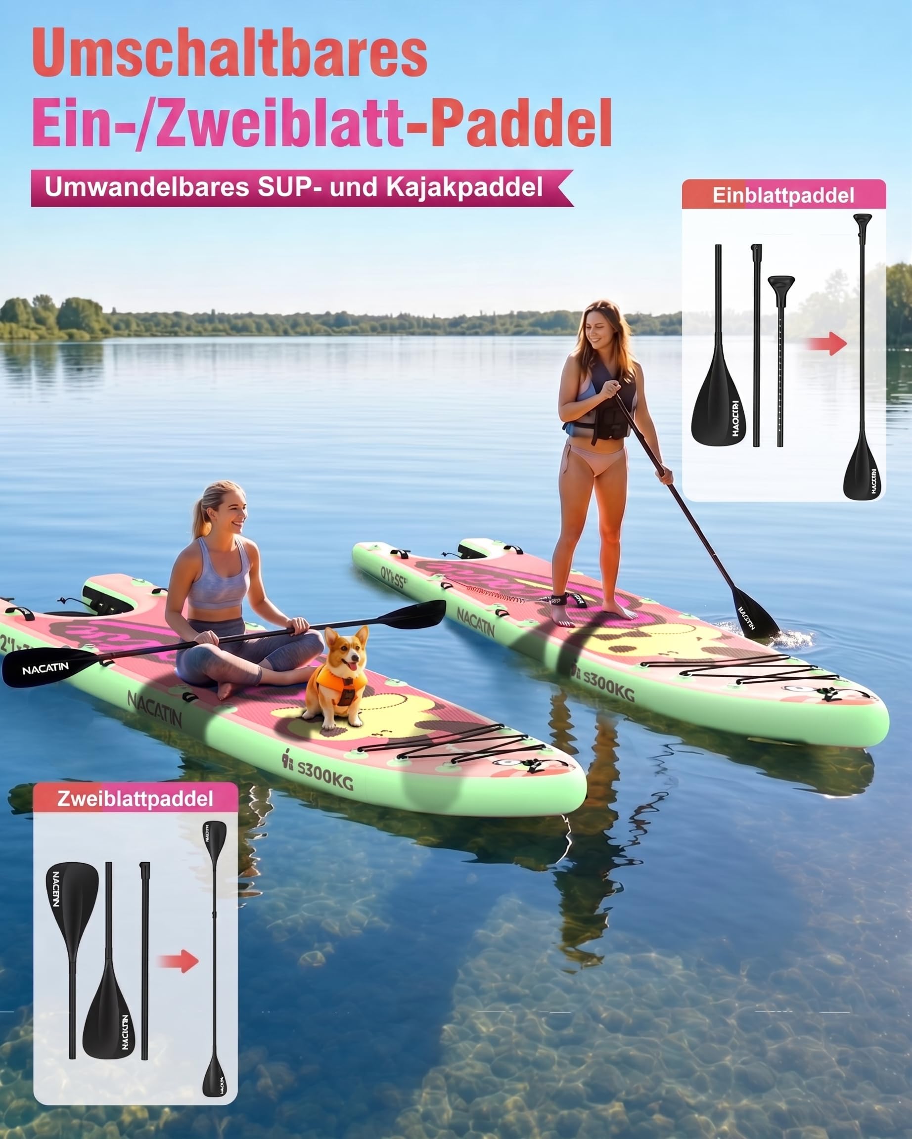 NACATIN 366cm (12ft) aufblasbares SUP Board mit Hunderampe, breites 91cm (36in) Stand Up Paddling Board mit rutschfestem Deck für Hunde & Familie, mit Einzel-/Doppelpaddel, Pumpe, Rucksack