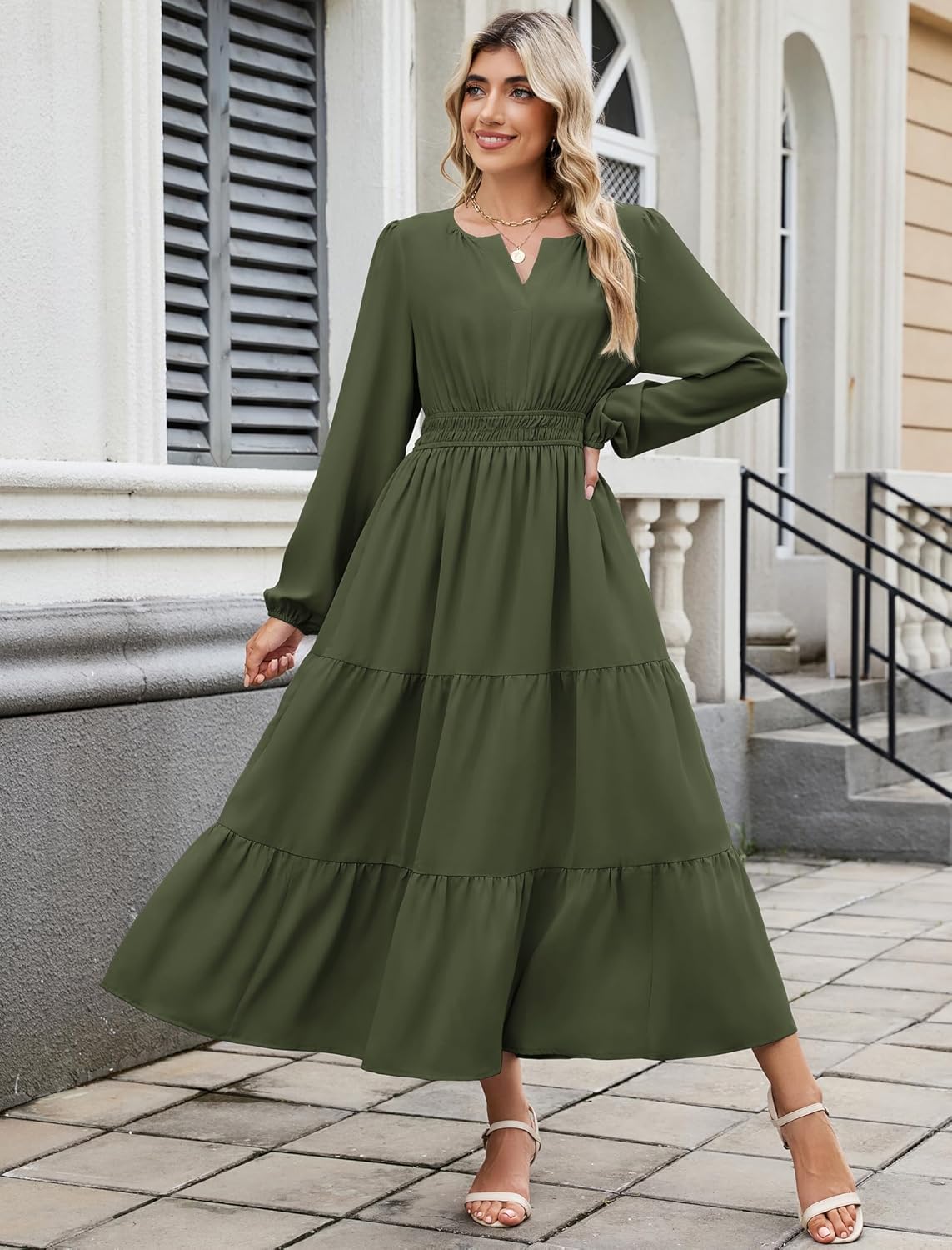 ZAFUL Womens Fall Maxi Dresses 2025 Puff Long Sleeve V Neck High Waist A Line Long Flowy Tiered Wedding Guest Dress Pockets - Image 6