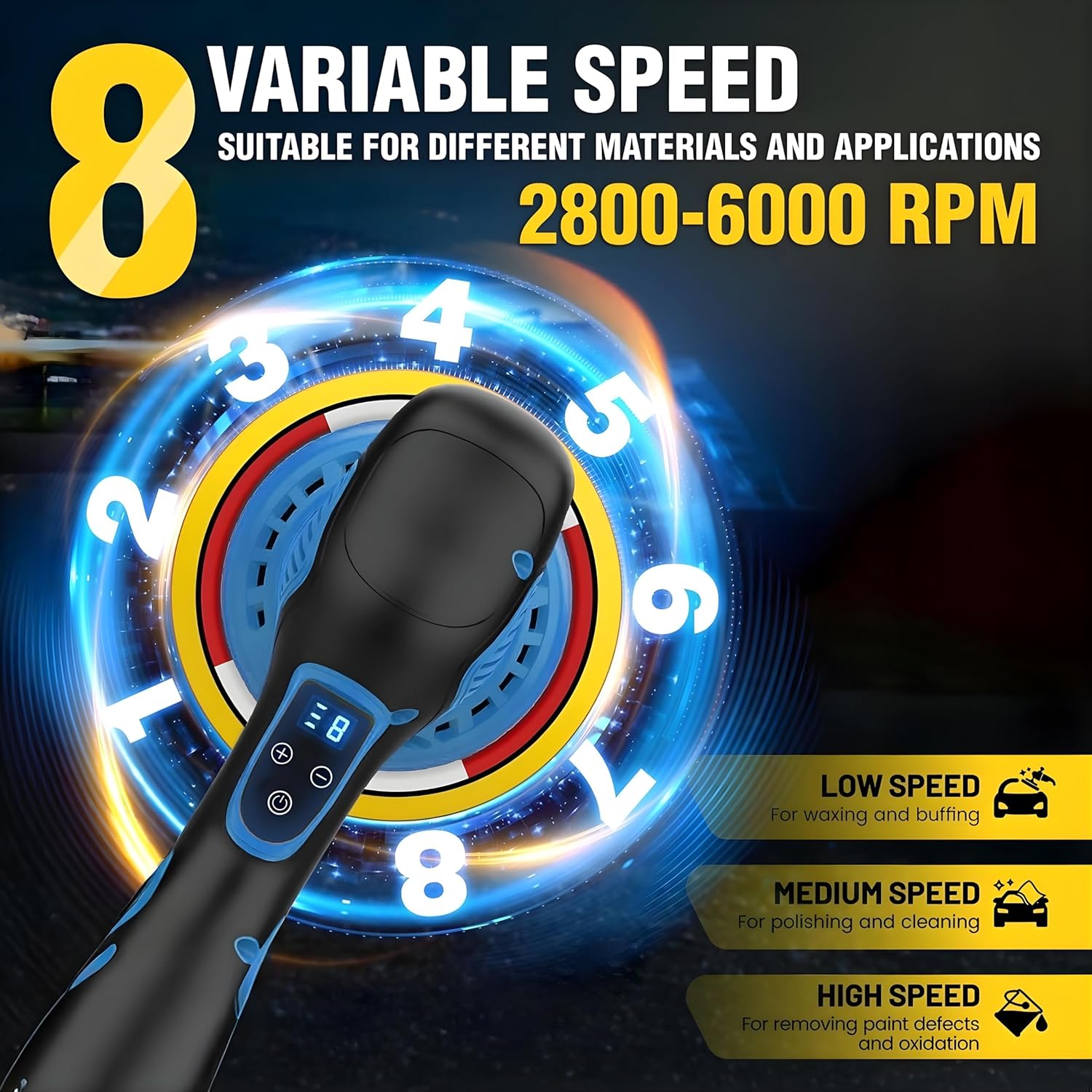 Cordless Car Buffer Polisher Kit 6 Inch with 21V 2x2000mAh & 9 Pcs Attachments, Car Polisher with 8 Variable Speed 2800-6000RPM, Orbital Polisher for Detailing, Sanding, Scratch Removing