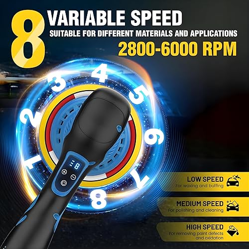Miniatura 2 de Kit de pulidor inalámbrico de coche de 6 pulgadas con 21 V, 2 x 2000 mAh y 9 accesorios, pulidor de coche con 8 velocidades variables 2800-5500RPM,