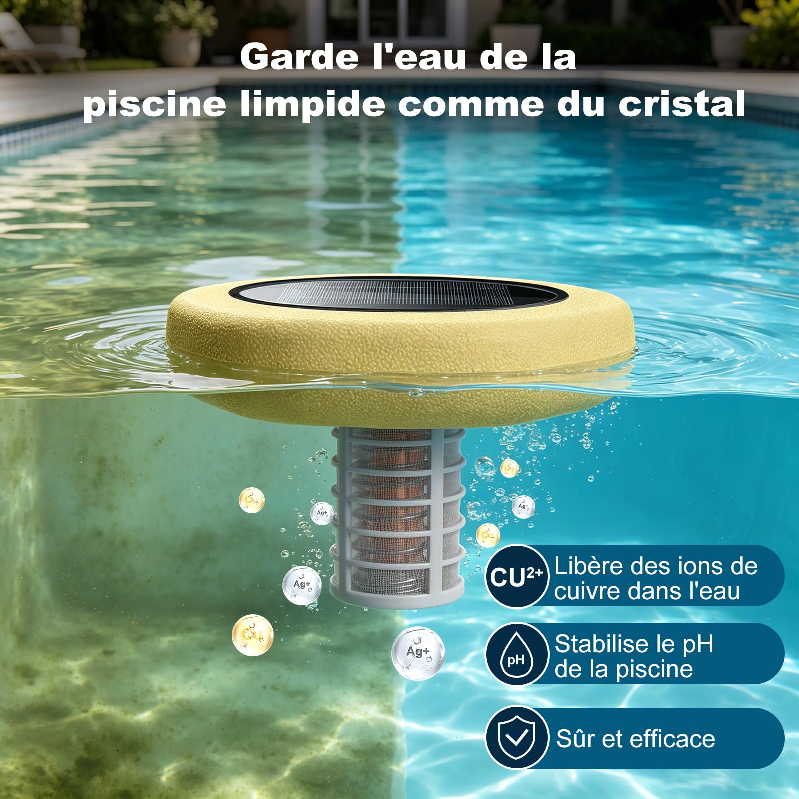 Ioniseur Piscine Solaire Purificateur, Piscine à Energie Solaire Clarificateur, Flotteur Autonome, Idéal pour Les piscines Hors-Sol, Les piscines encastrées, Piscine Solaire pour Extérieure