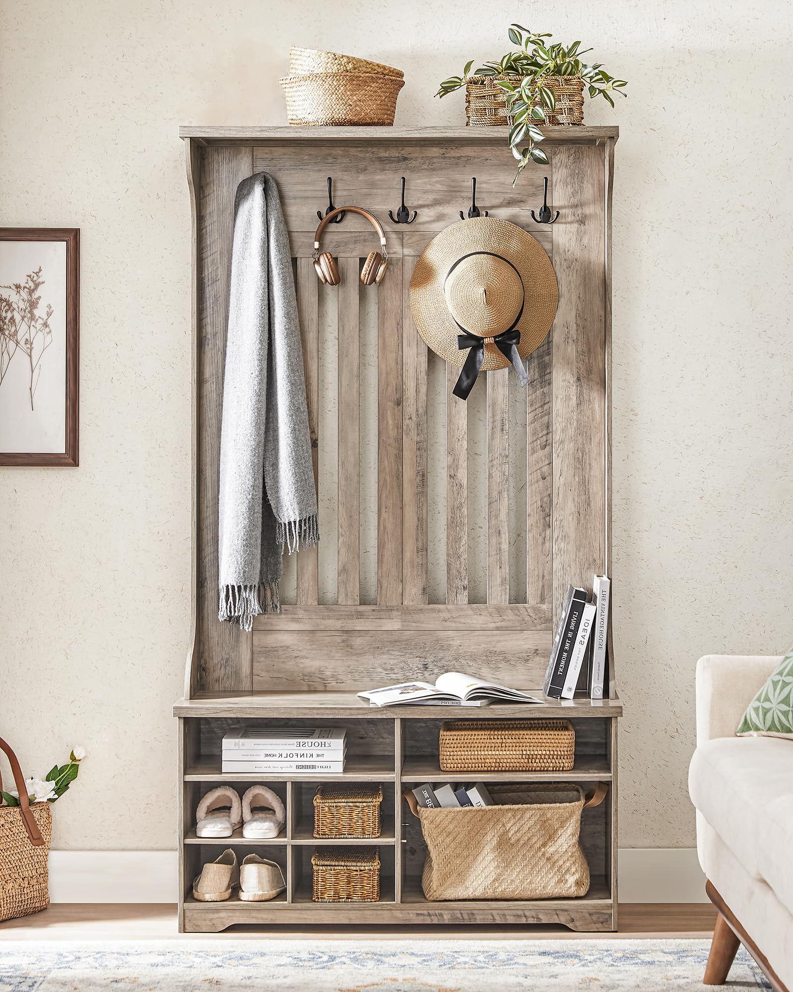 VASAGLE Meuble d’Entrée, Porte-Manteau avec Banc à Chaussures, Vestiaire, Rangement pour Chaussures, 5 Crochets Triples, Gain de Place, pour Entrée, Couloir, Étagères Réglables, Grège Chiné HSR404T02