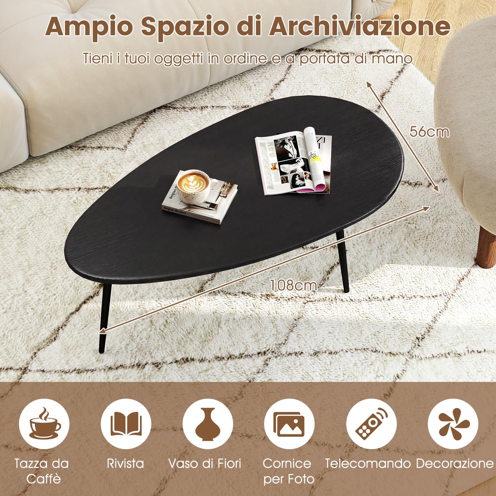 COSTWAY Tavolino da Salotto Ovale, Tavolino da Caffè con Struttura Metallica Robusta e Design Compatto, Tavolo Basso per Soggiorno, Ufficio e Lounge (Nero)