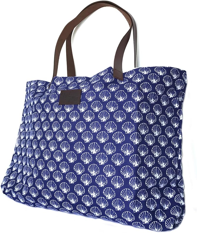 West Indies Wear 100% Cotton Canvas Foldable Beach Bag with Genuine Leather Handles Tote Carryall