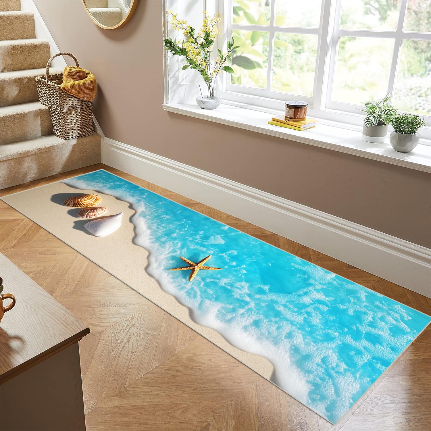 Tapis de Cuisine Antidérapant et Absorbant, Motif Océan Bleu 3D, 60 x 180 cm, Lavable en Machine - Idéal pour Devant l'Évier, Couloir, Salon, Chambre