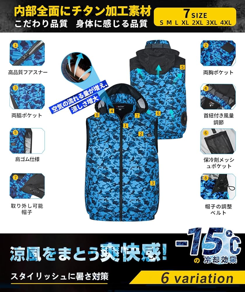 [ELEMAI]ファン付きベスト 空冷調節作業服 XL ネイビー AIDAMAIファン付きウエア 新作 夏作業服ベスト 36V高電圧出力